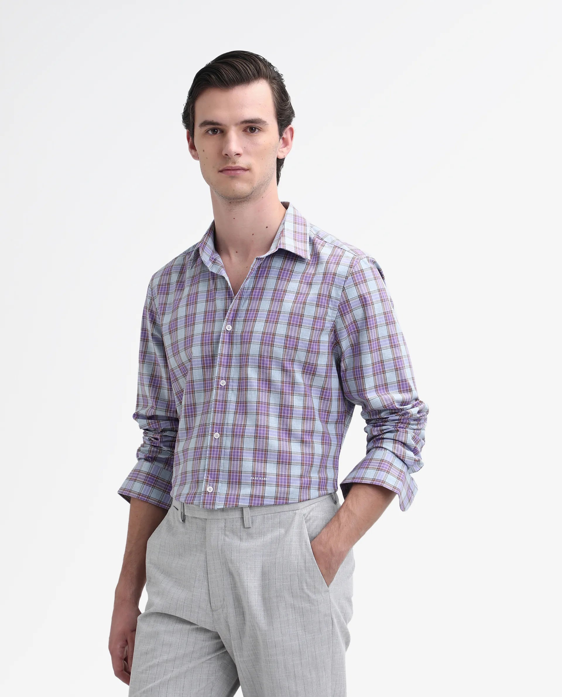 Rare Rabbit Men's Horf-25 Pastel Purple Cotton Checked Print Regular Fit Full Sleeve Collared Shirt