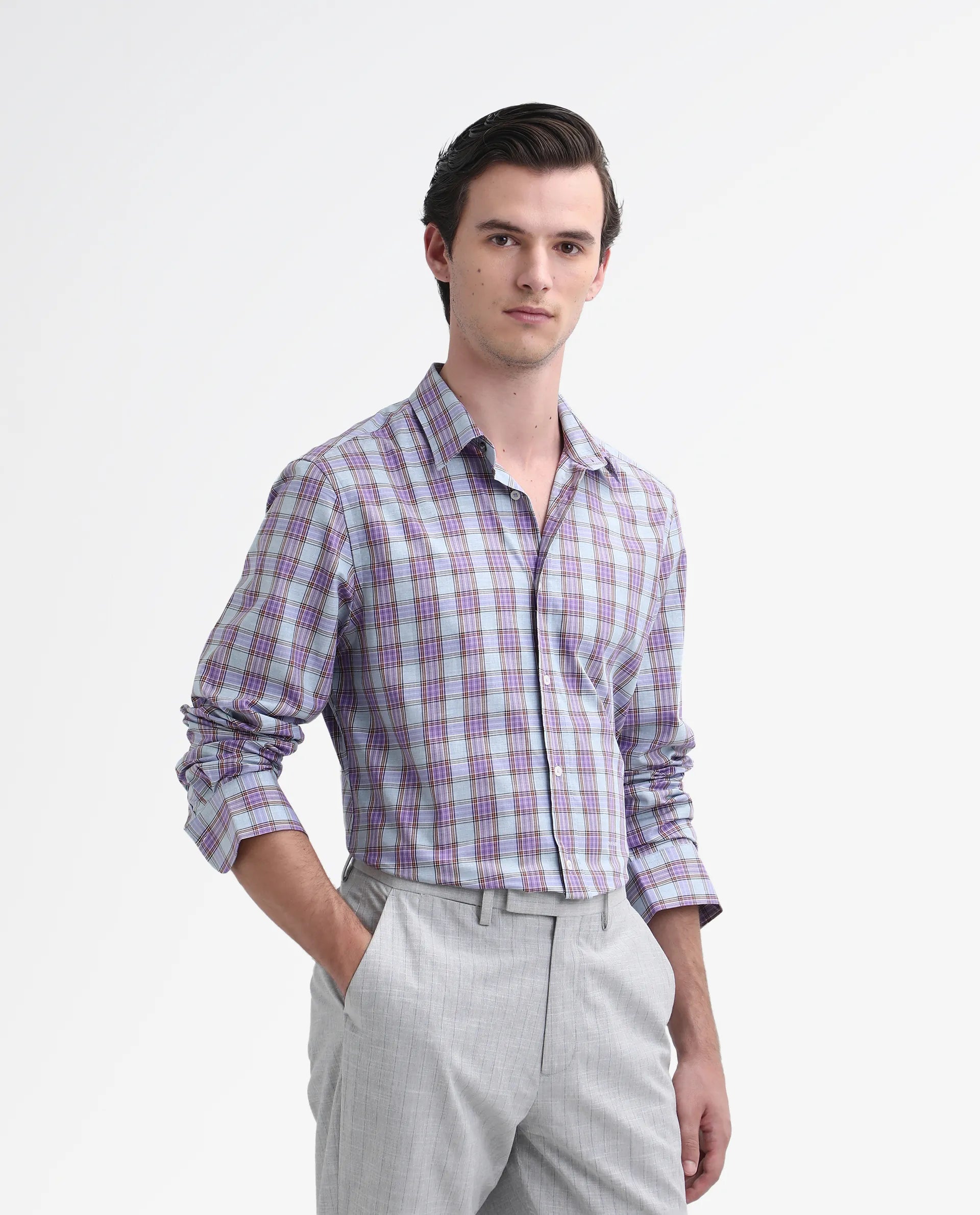 Rare Rabbit Men's Horf-25 Pastel Purple Cotton Checked Print Regular Fit Full Sleeve Collared Shirt