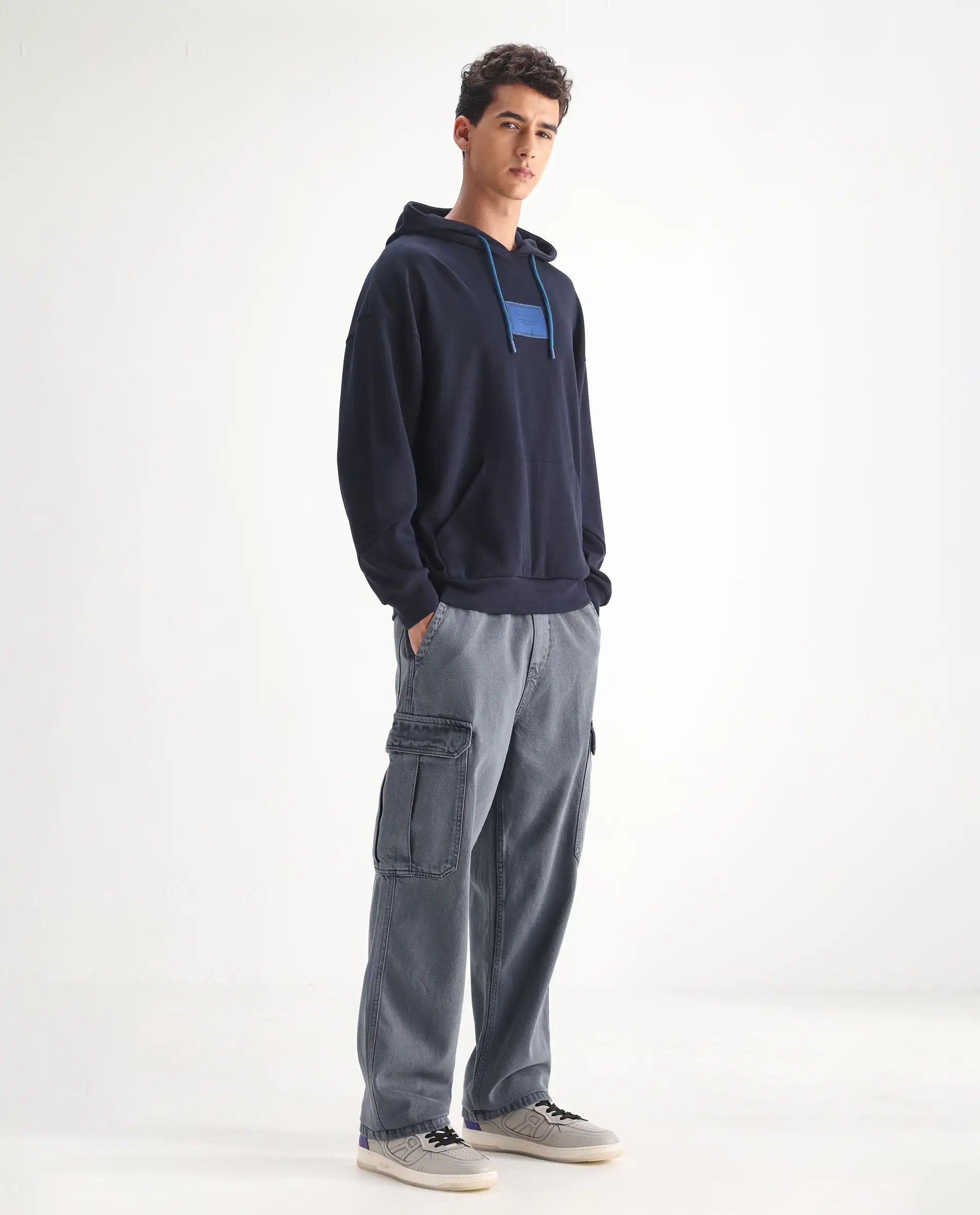 Rare Rabbit Men's Hork Blue Cotton Plain Baggy Fit Jeans