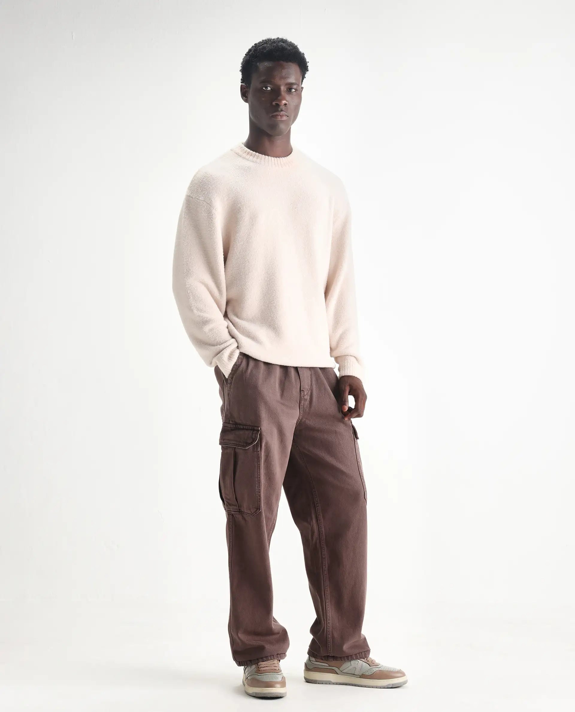 Rare Rabbit Men's Hork Brown Cotton Plain Baggy Fit Jeans