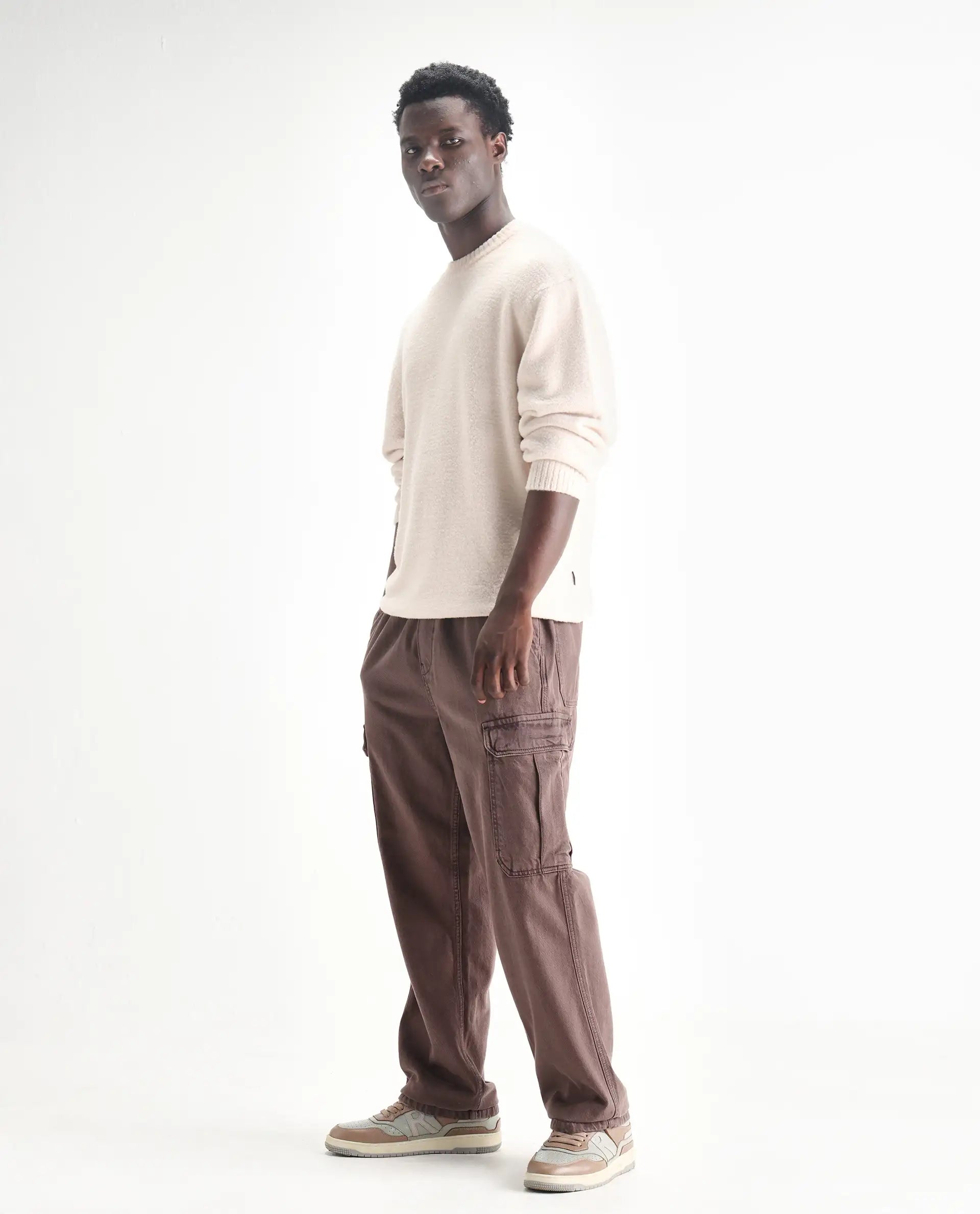 Rare Rabbit Men's Hork Brown Cotton Plain Baggy Fit Jeans