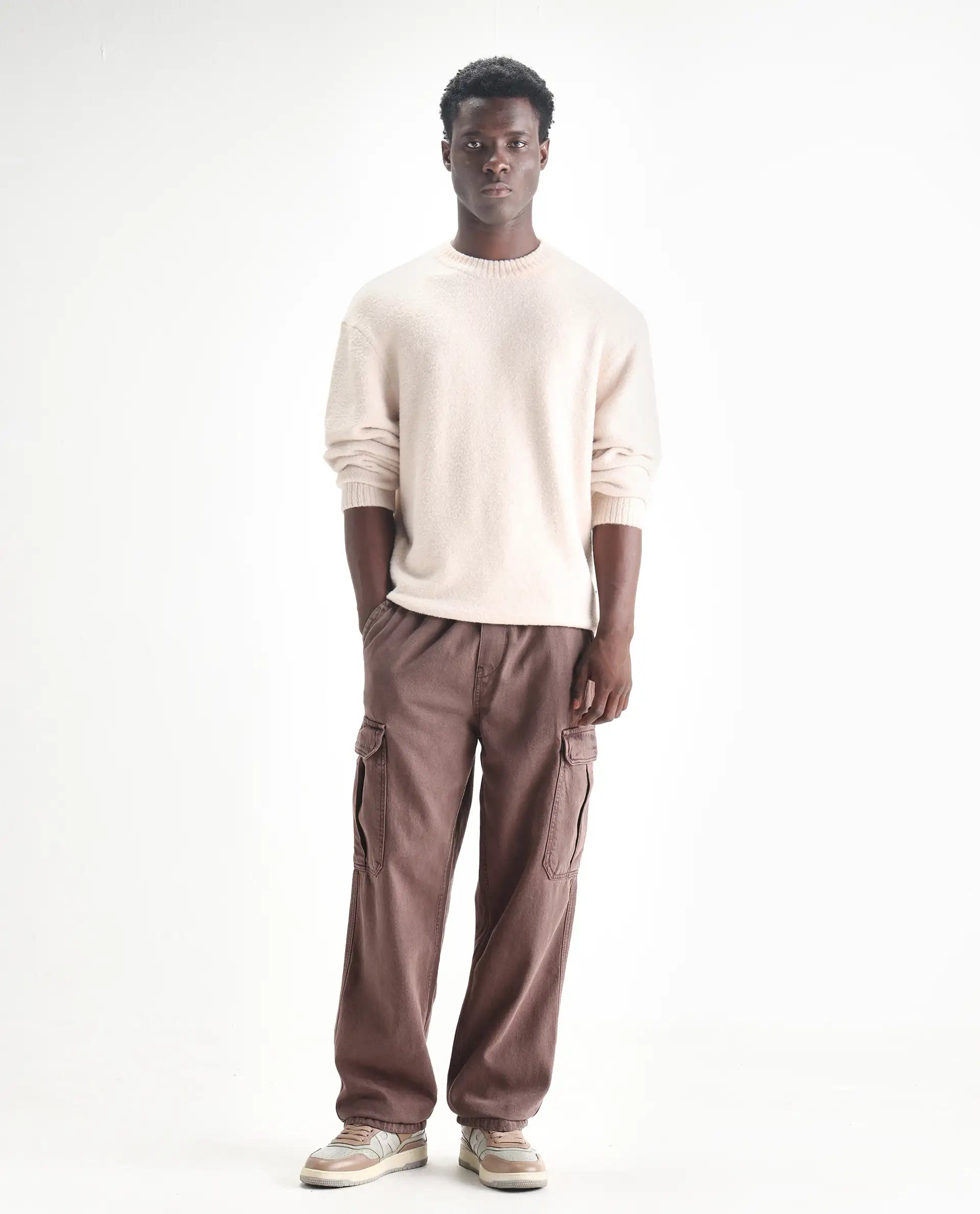 Rare Rabbit Men's Hork Brown Cotton Plain Baggy Fit Jeans