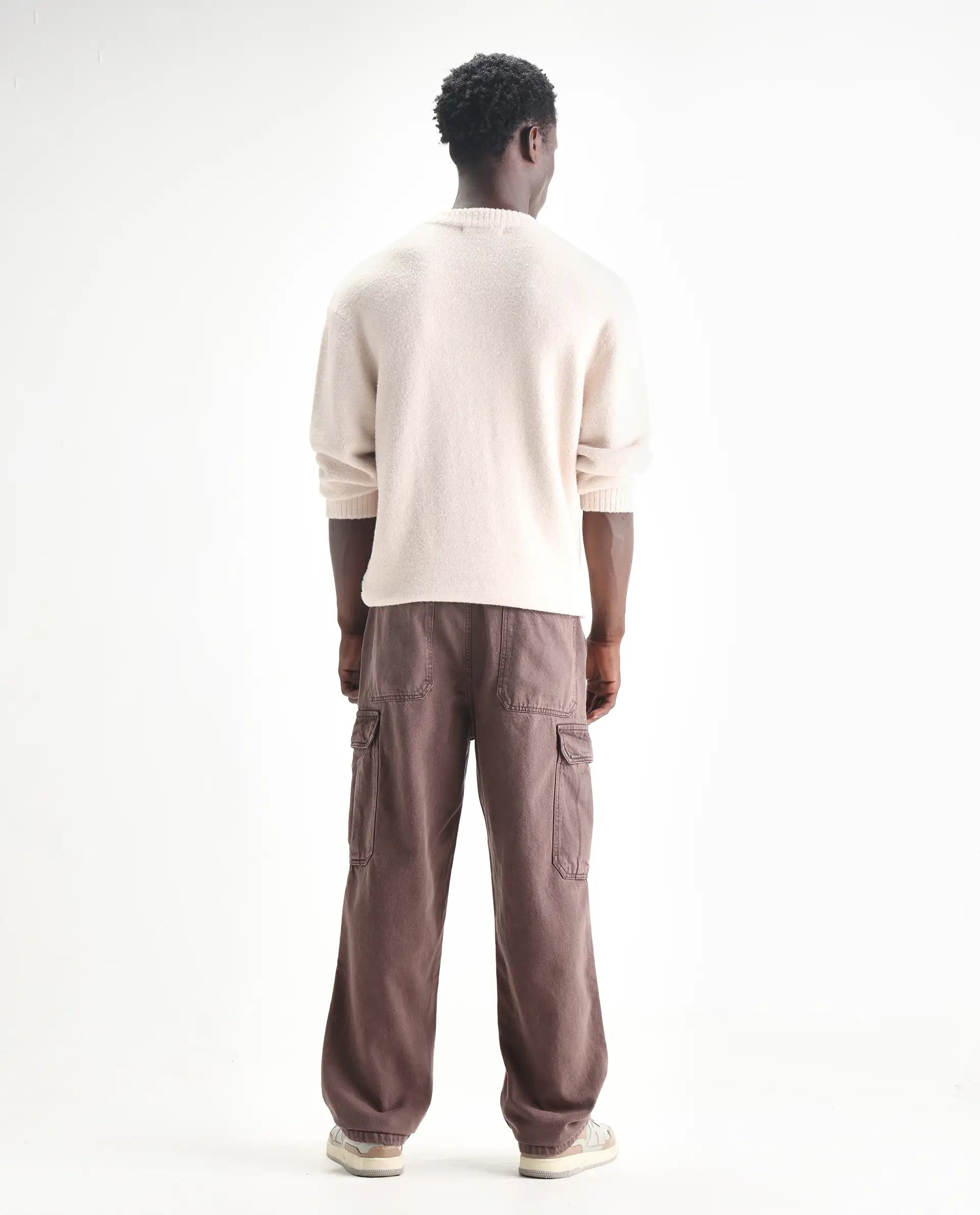 Rare Rabbit Men's Hork Brown Cotton Plain Baggy Fit Jeans