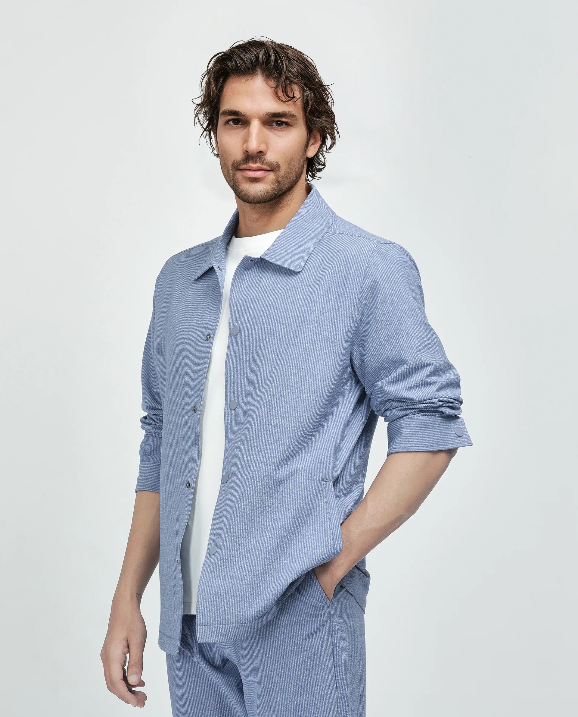 Rare Rabbit Men Horns Blue Polyester Viscose Fabric Full Sleeves Spread Collar Button Closure Striped Shaket