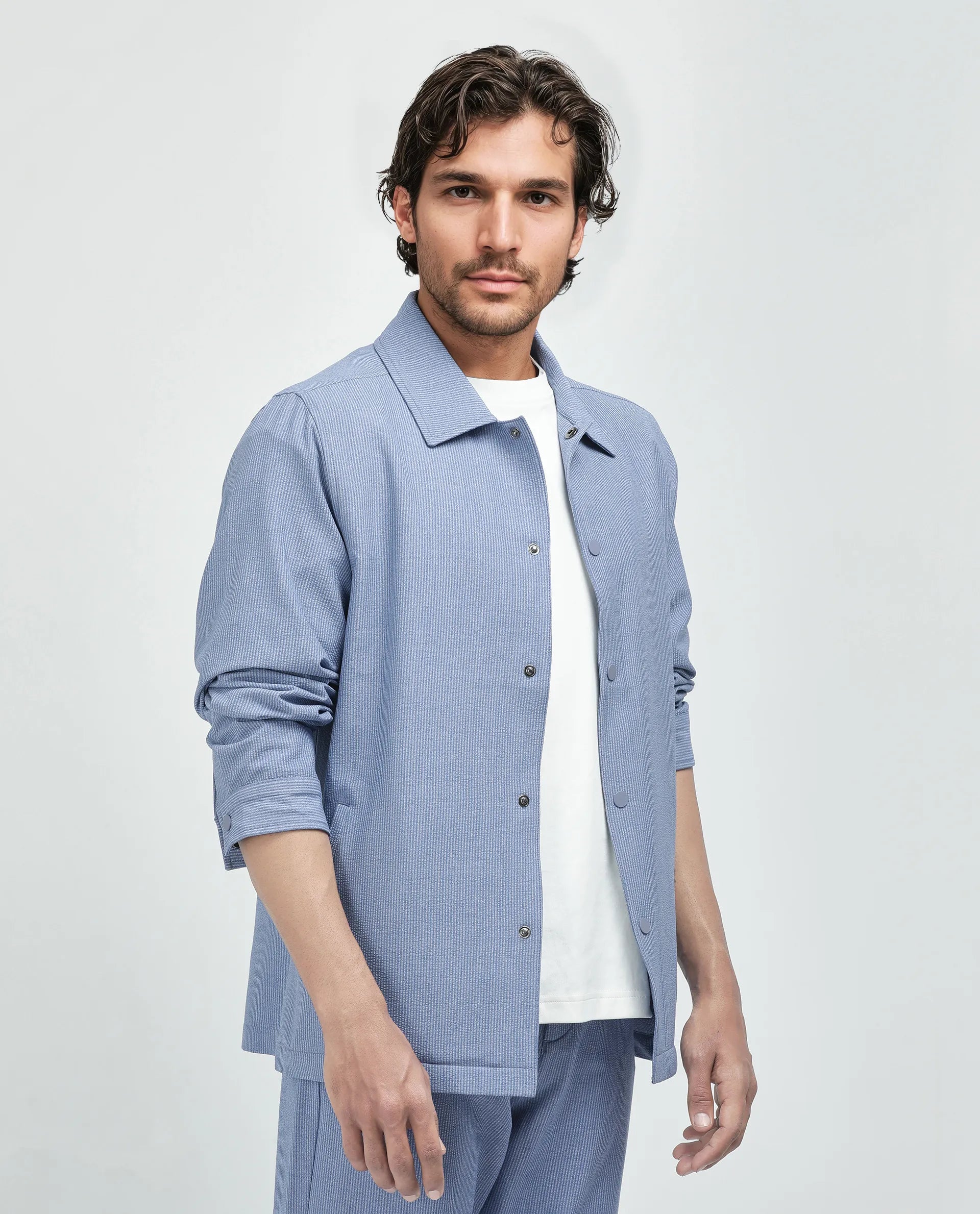 Rare Rabbit Men Horns Blue Polyester Viscose Fabric Full Sleeves Spread Collar Button Closure Striped Shaket