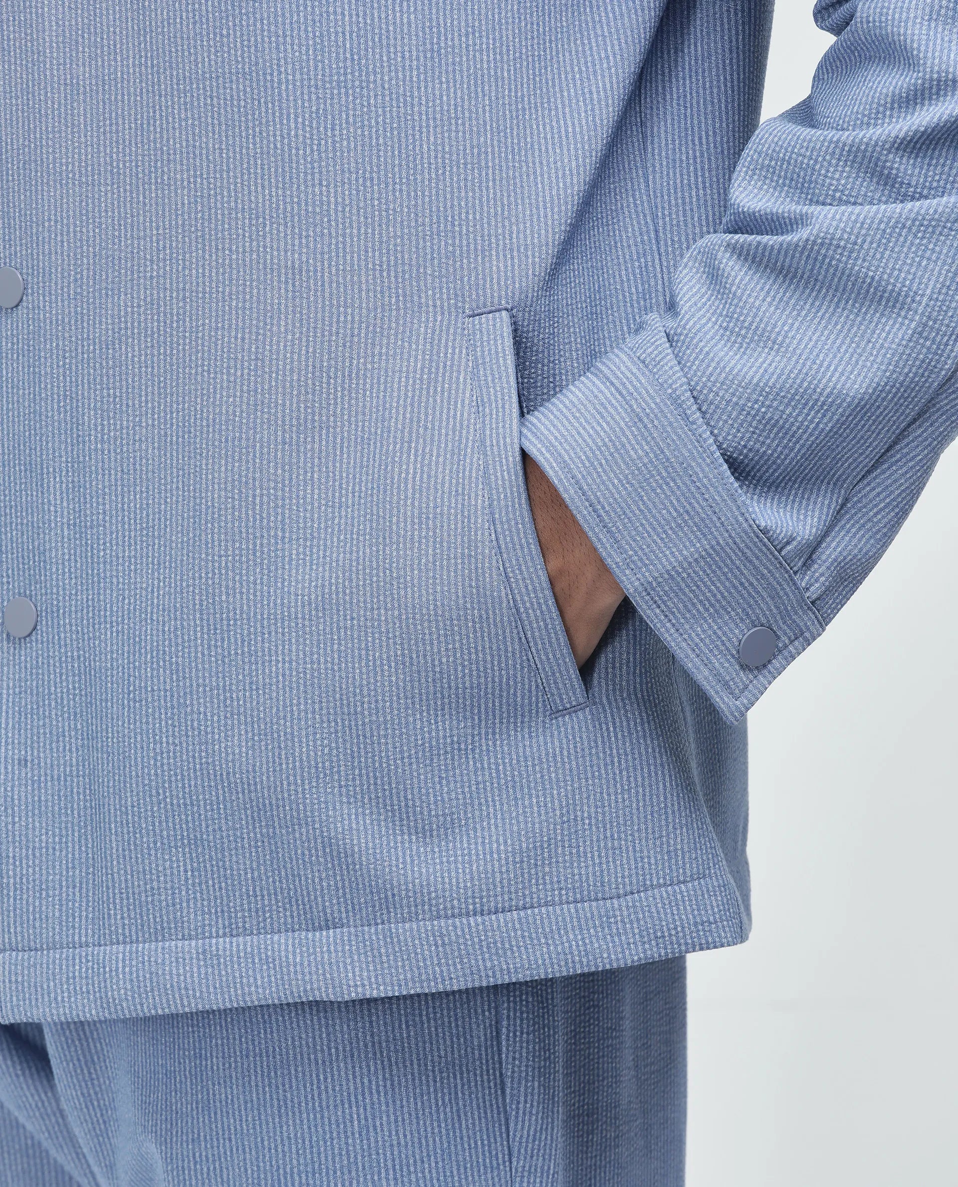 Rare Rabbit Men Horns Blue Polyester Viscose Fabric Full Sleeves Spread Collar Button Closure Striped Shaket