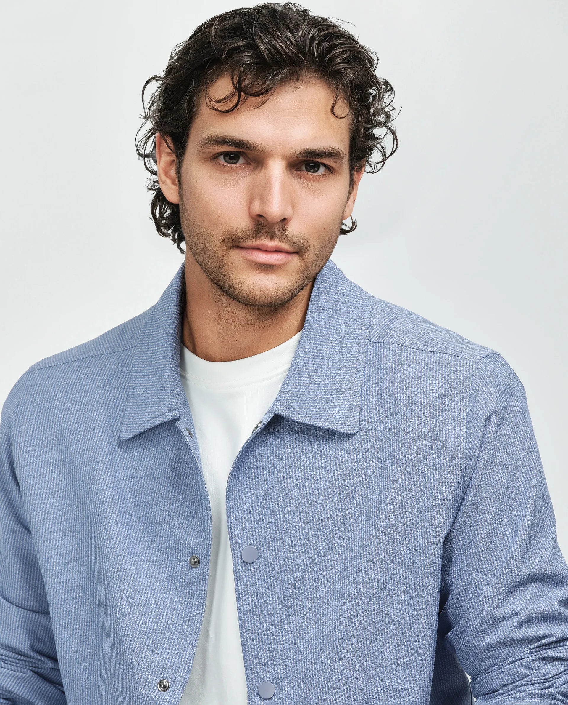 Rare Rabbit Men Horns Blue Polyester Viscose Fabric Full Sleeves Spread Collar Button Closure Striped Shaket