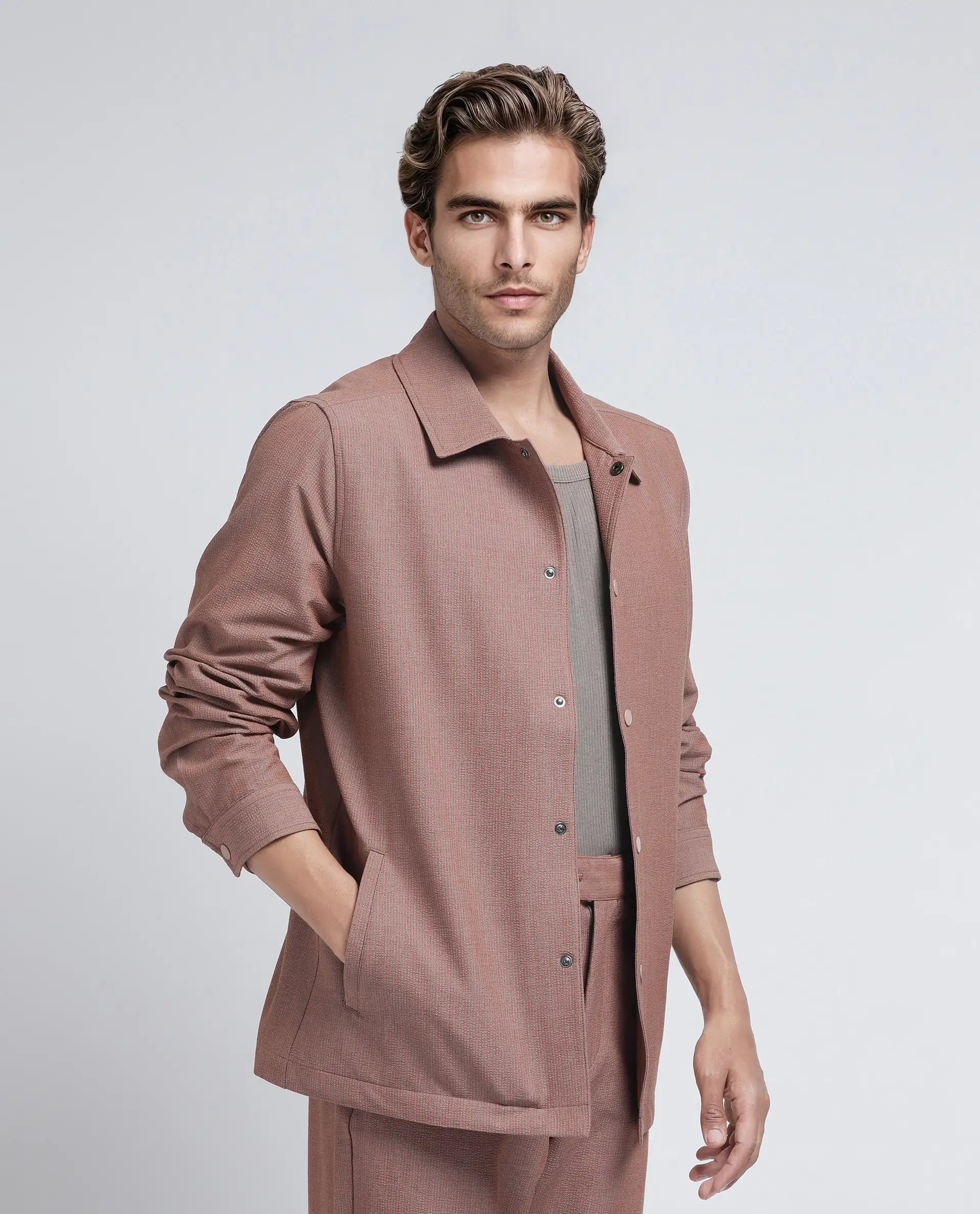 Rare Rabbit Men Horns Rust Polyester Viscose Fabric Full Sleeves Mandarin Collar Button Closure Striped Shaket