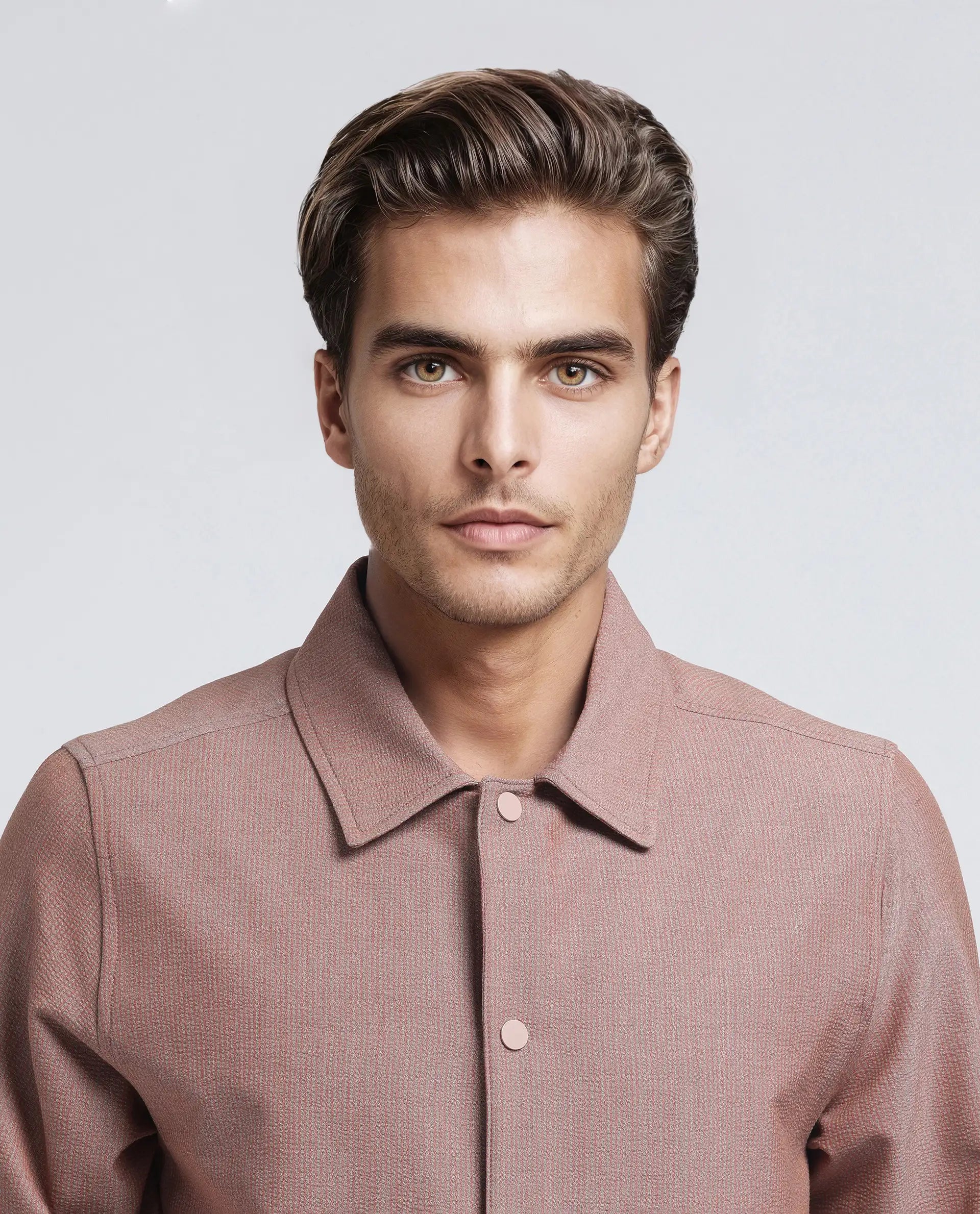 Rare Rabbit Men Horns Rust Polyester Viscose Fabric Full Sleeves Mandarin Collar Button Closure Striped Shaket