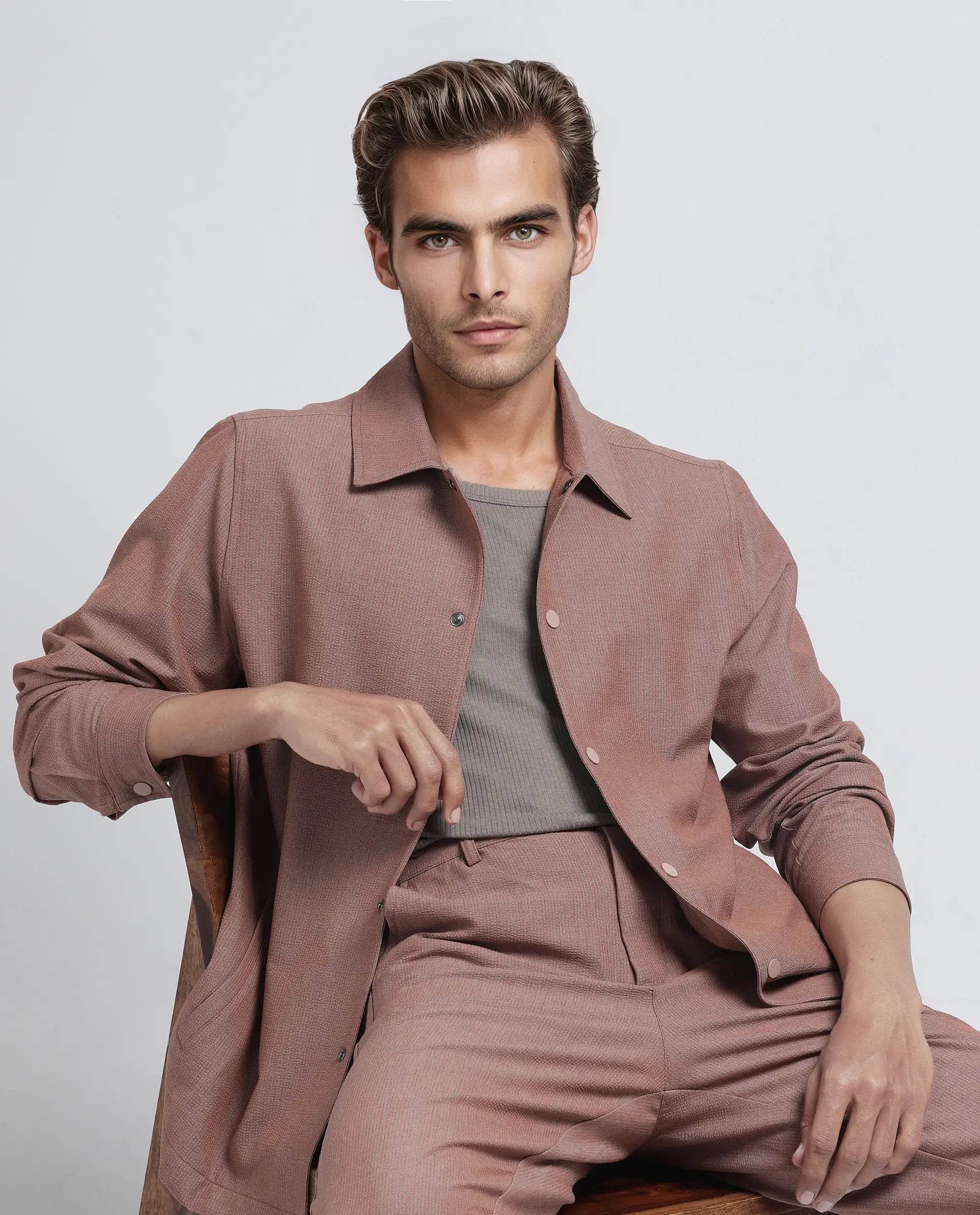 Rare Rabbit Men Horns Rust Polyester Viscose Fabric Full Sleeves Mandarin Collar Button Closure Striped Shaket