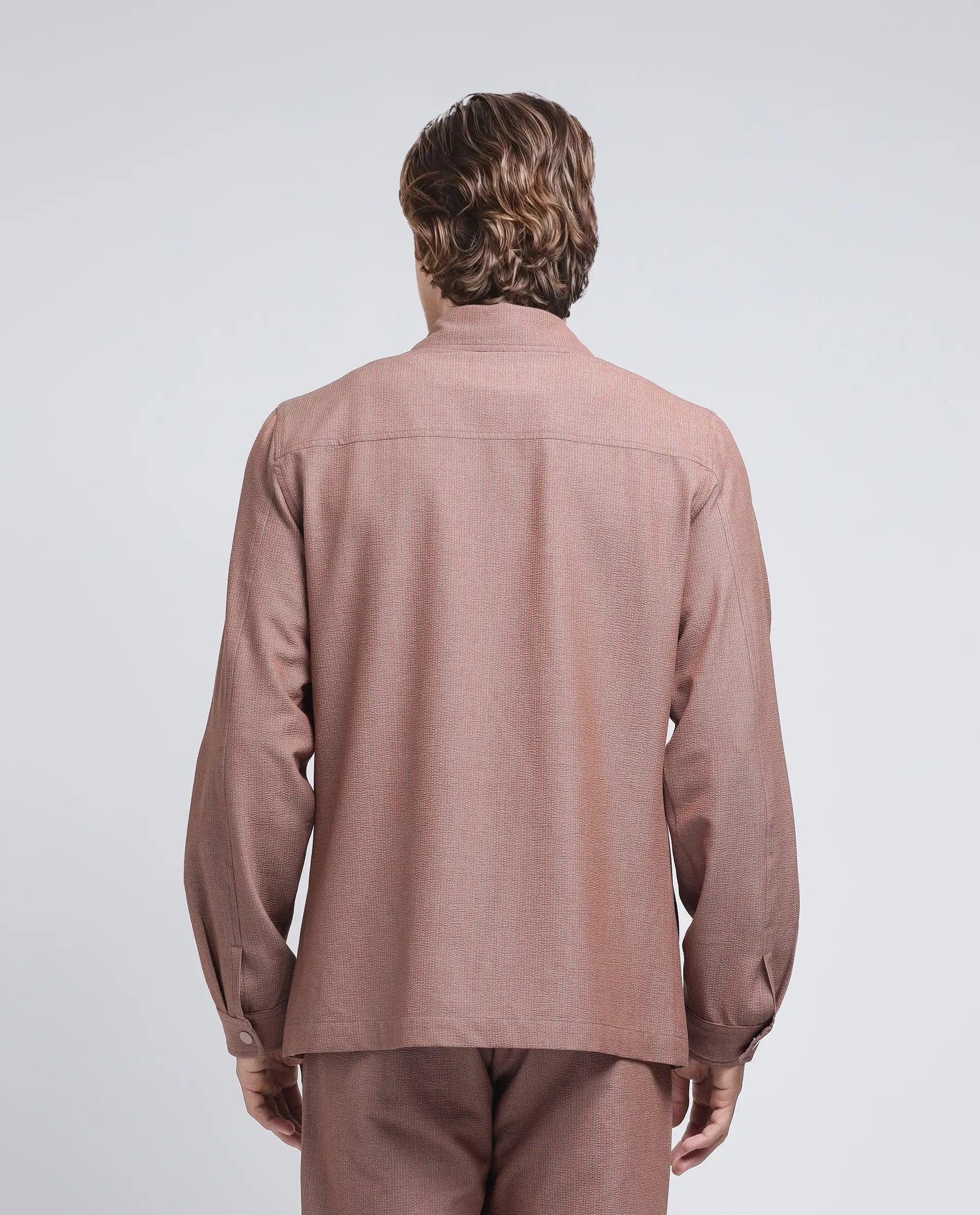 Rare Rabbit Men Horns Rust Polyester Viscose Fabric Full Sleeves Mandarin Collar Button Closure Striped Shaket