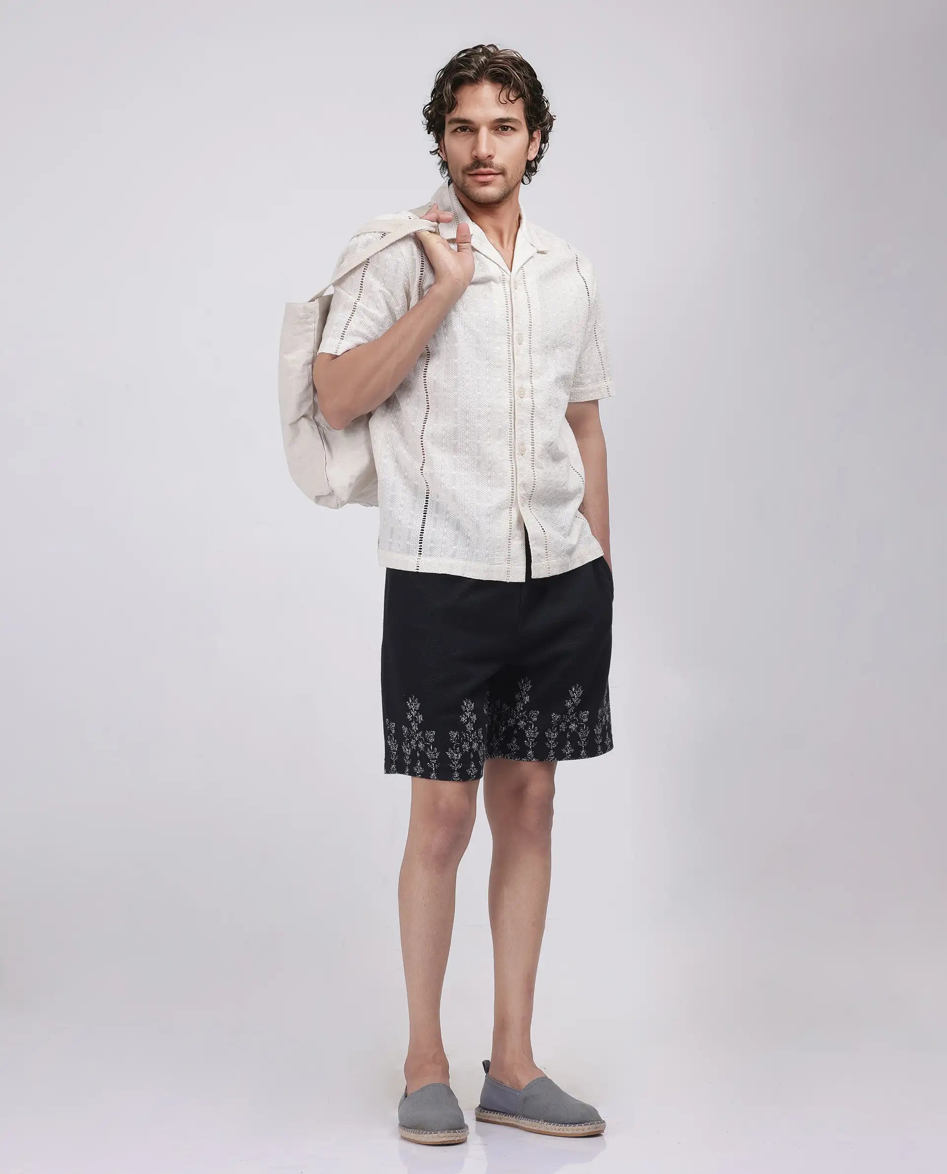 Rare Rabbit Men Horob Black Cotton Elastane Fabric Knitted Jacquard Shorts