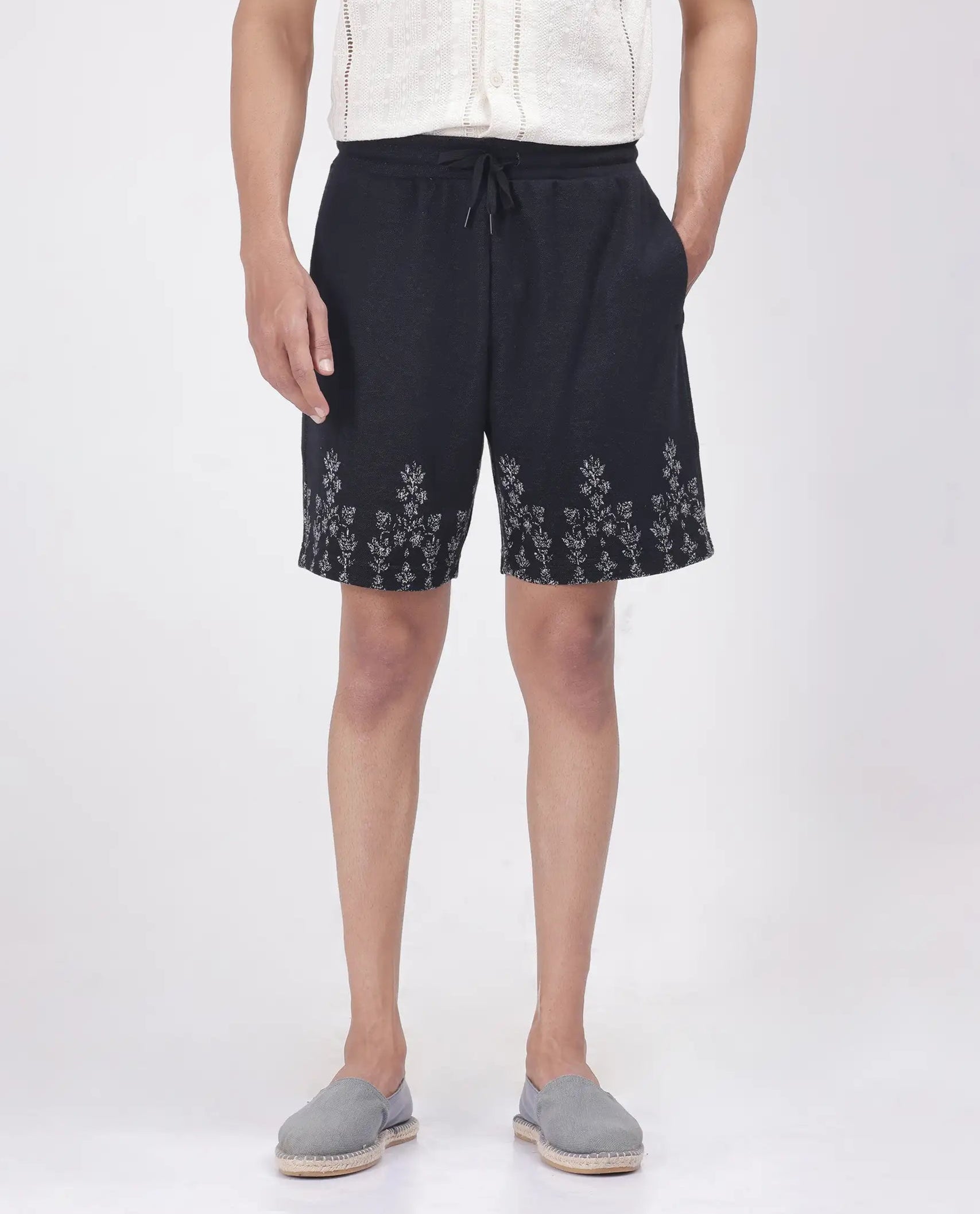 Rare Rabbit Men Horob Black Cotton Elastane Fabric Knitted Jacquard Shorts
