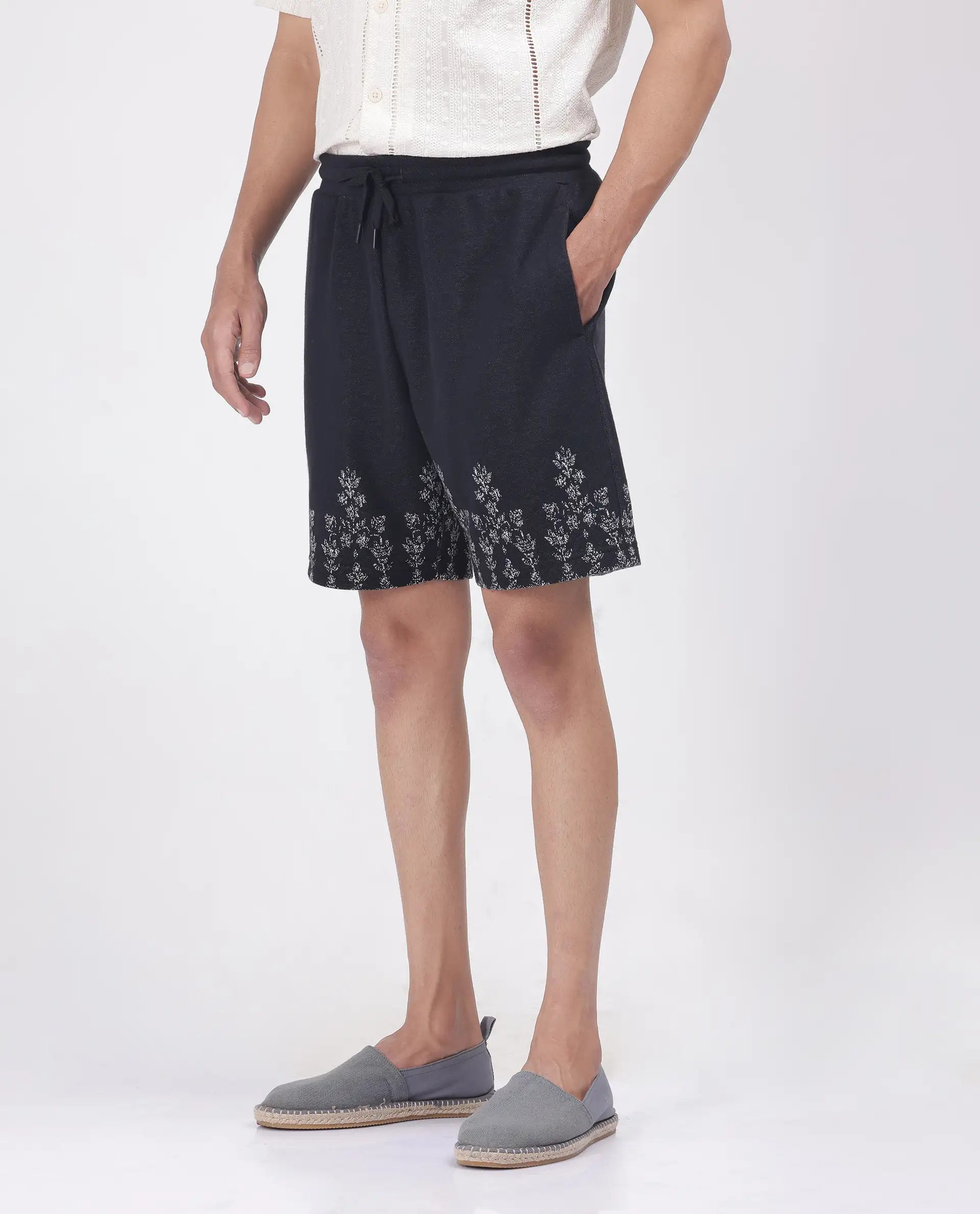 Rare Rabbit Men Horob Black Cotton Elastane Fabric Knitted Jacquard Shorts