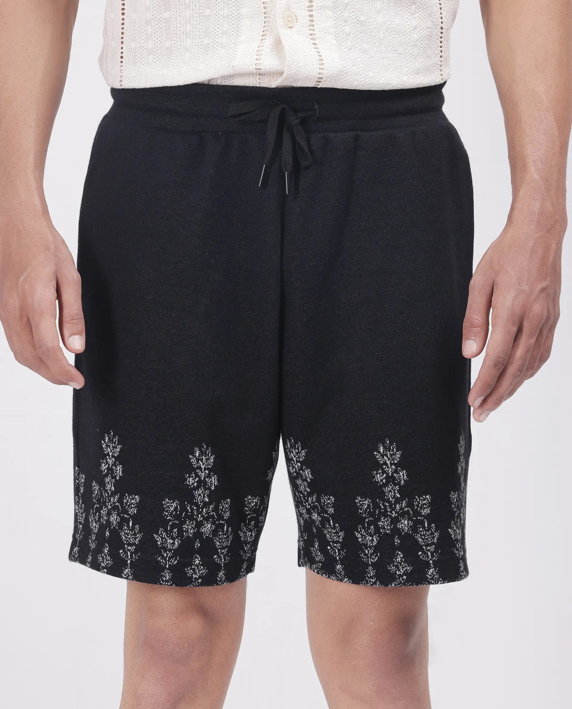Rare Rabbit Men Horob Black Cotton Elastane Fabric Knitted Jacquard Shorts