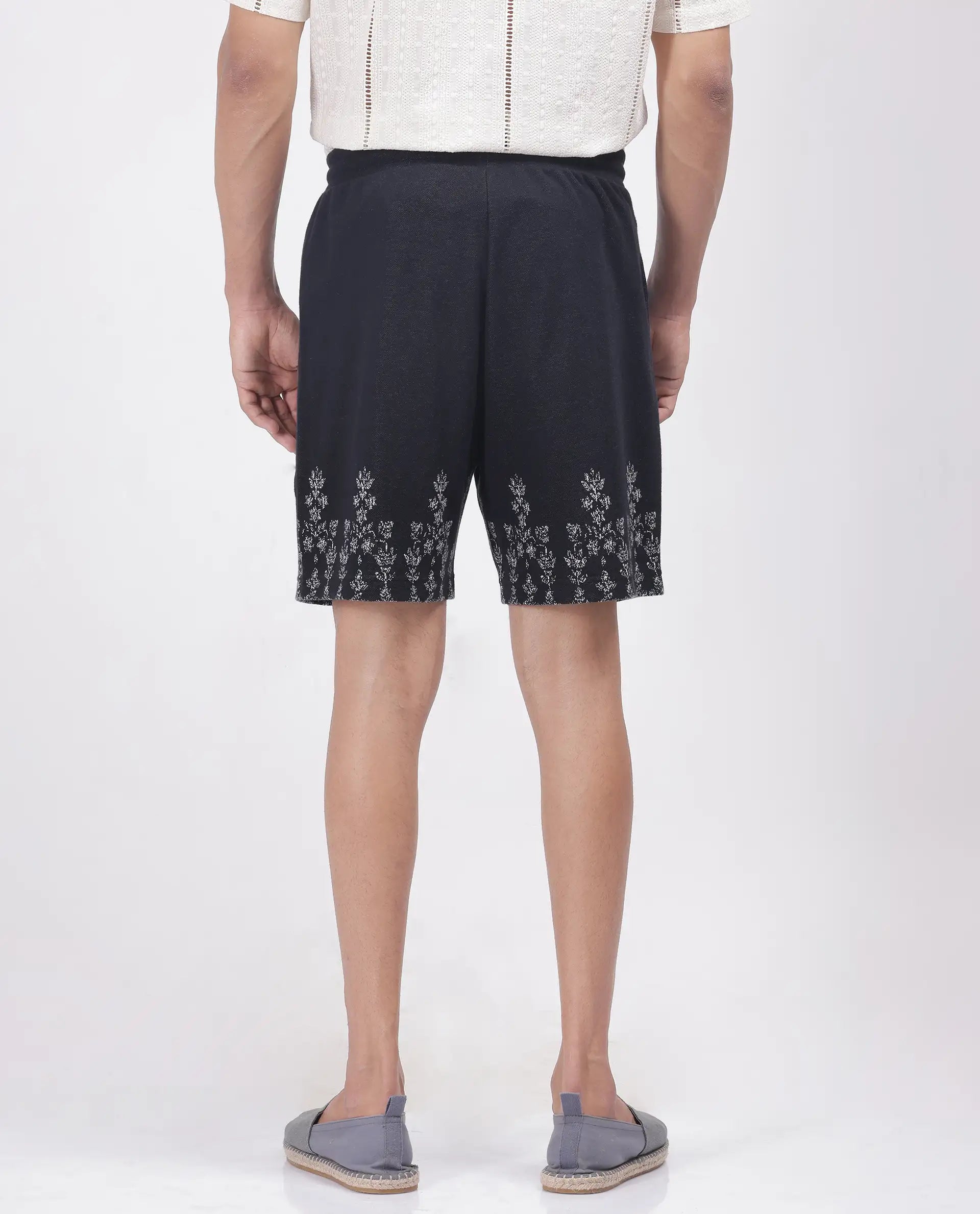 Rare Rabbit Men Horob Black Cotton Elastane Fabric Knitted Jacquard Shorts