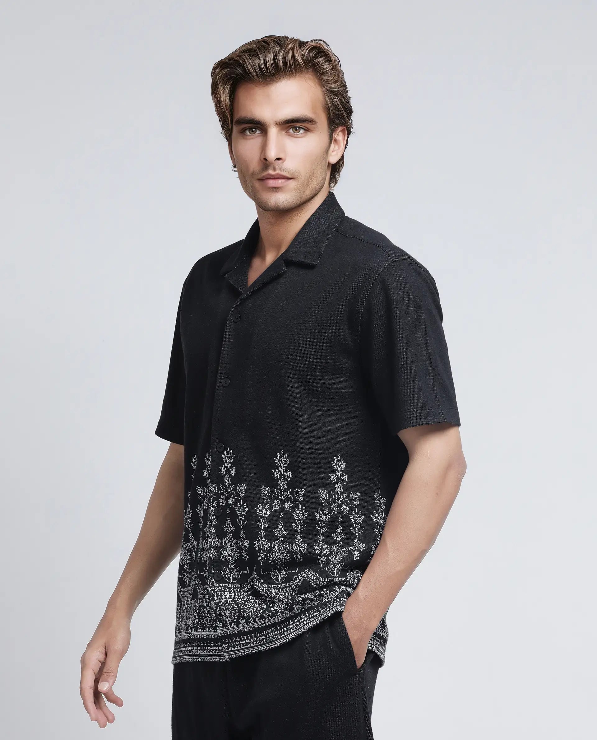 Rare Rabbit Men's Horo Black Cotton Blend Jacquard Relaxed Fit Half Sleeve Cuban Collar Shirt