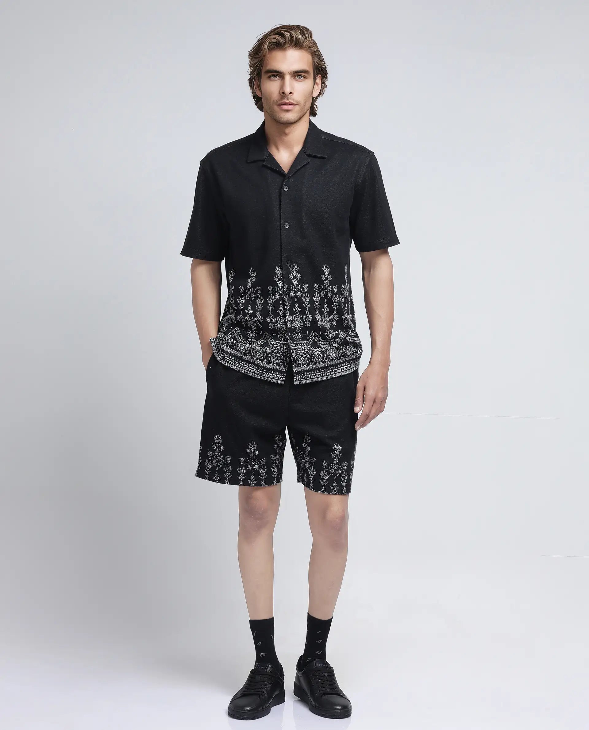 Rare Rabbit Men's Horo Black Cotton Blend Jacquard Relaxed Fit Half Sleeve Cuban Collar Shirt