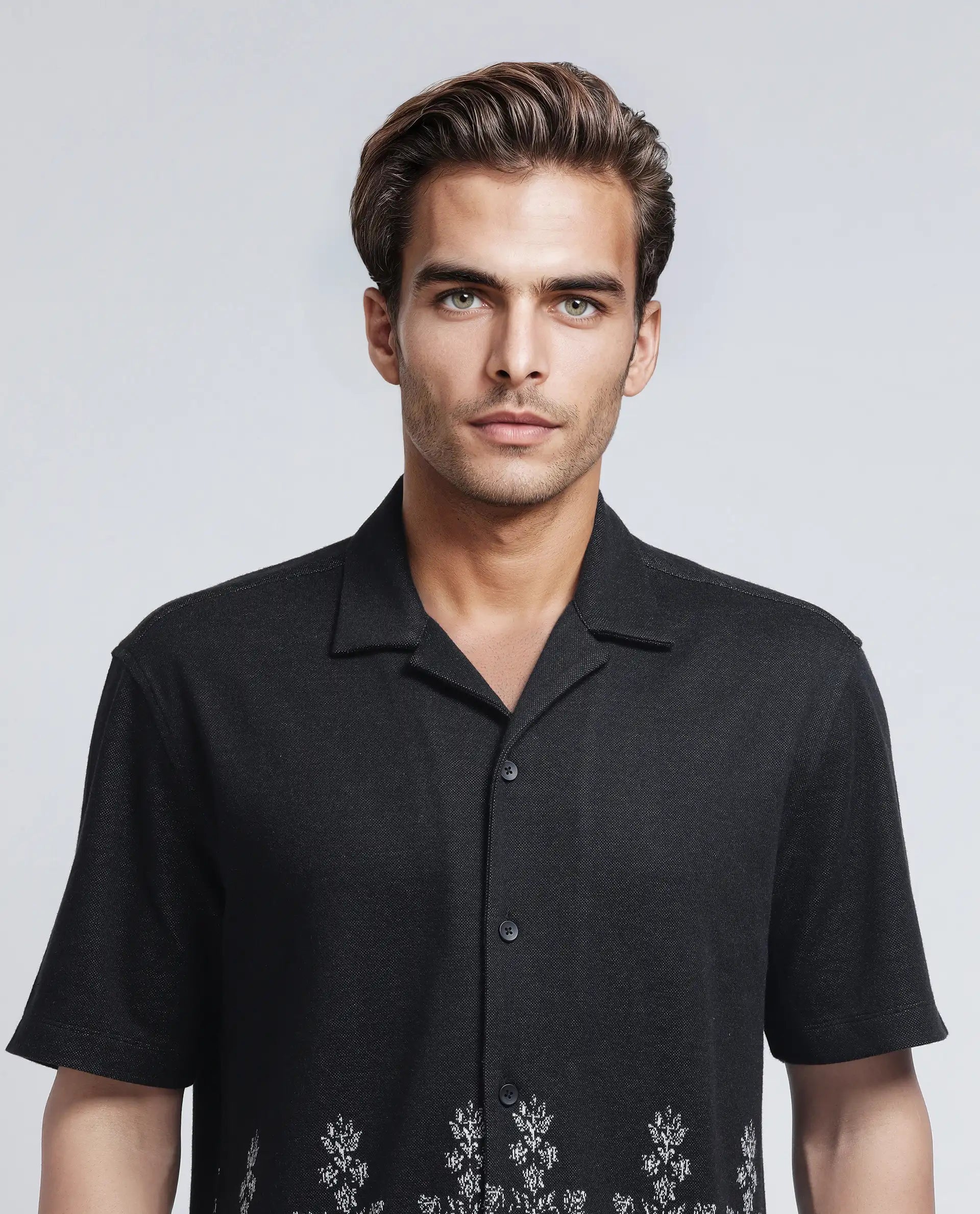 Rare Rabbit Men's Horo Black Cotton Blend Jacquard Relaxed Fit Half Sleeve Cuban Collar Shirt