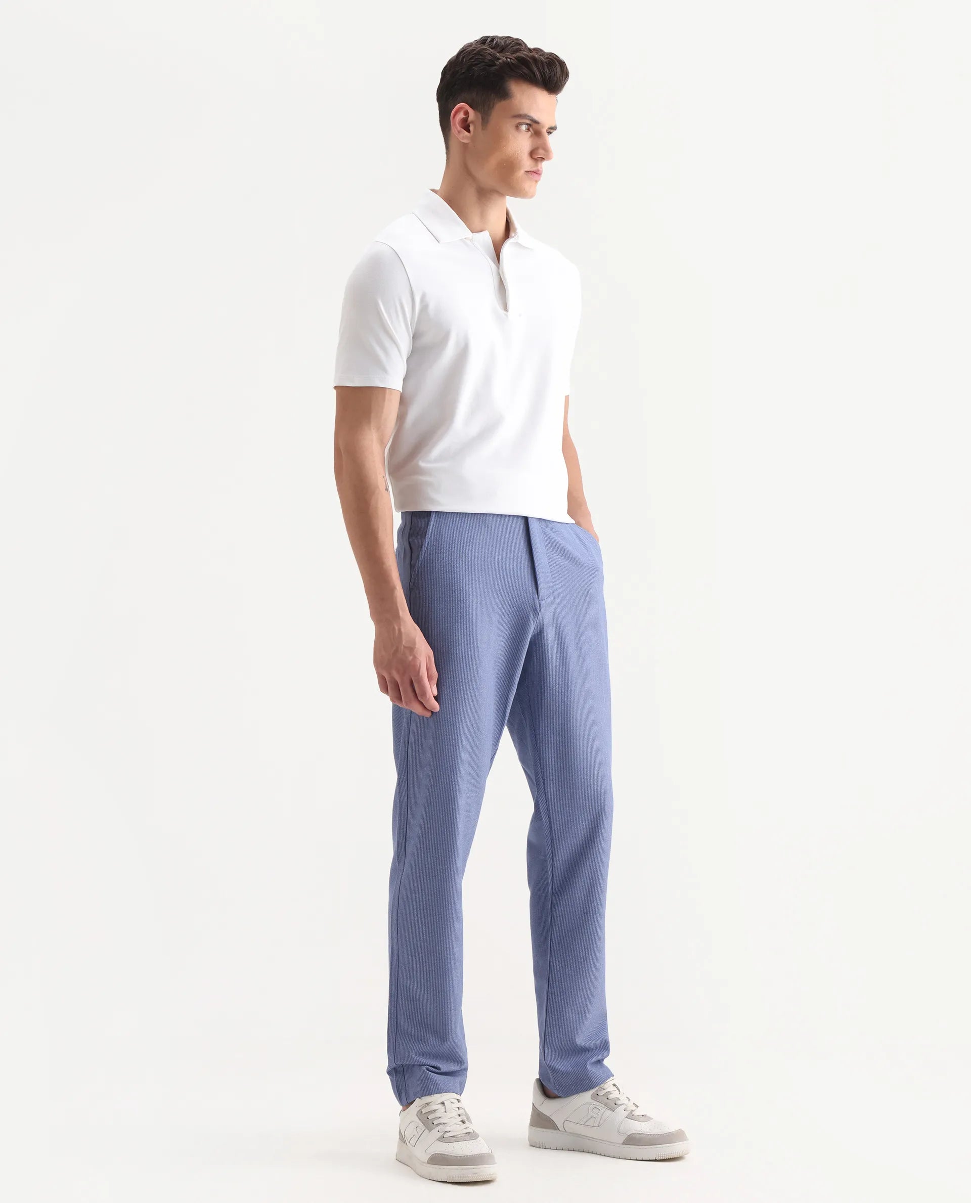 Rare Rabbit Men's Horon Blue Cotton Blend Plain Baggy Fit Trouser