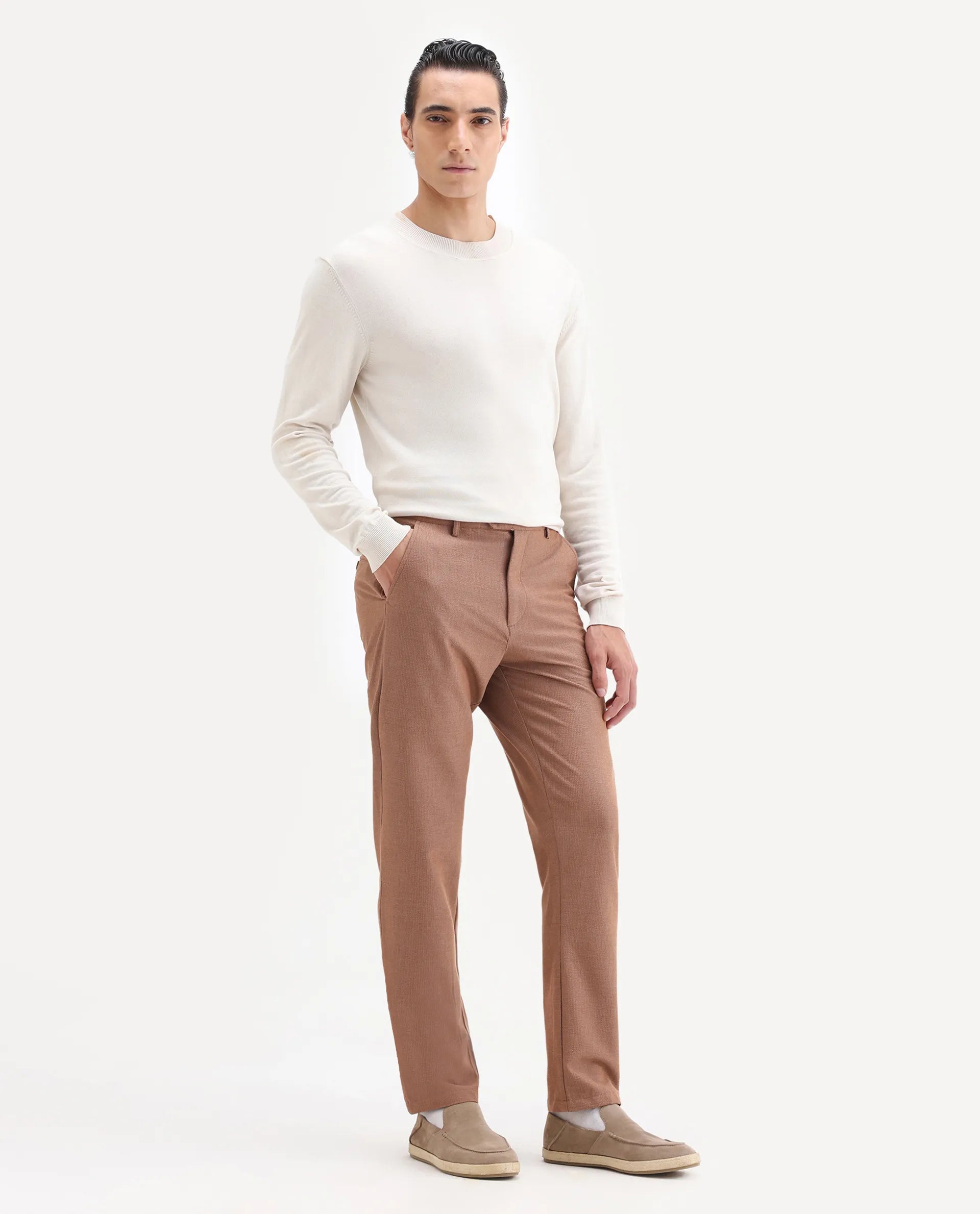 Rare Rabbit Men's Horon Rust Cotton Blend Plain Baggy Fit Trouser