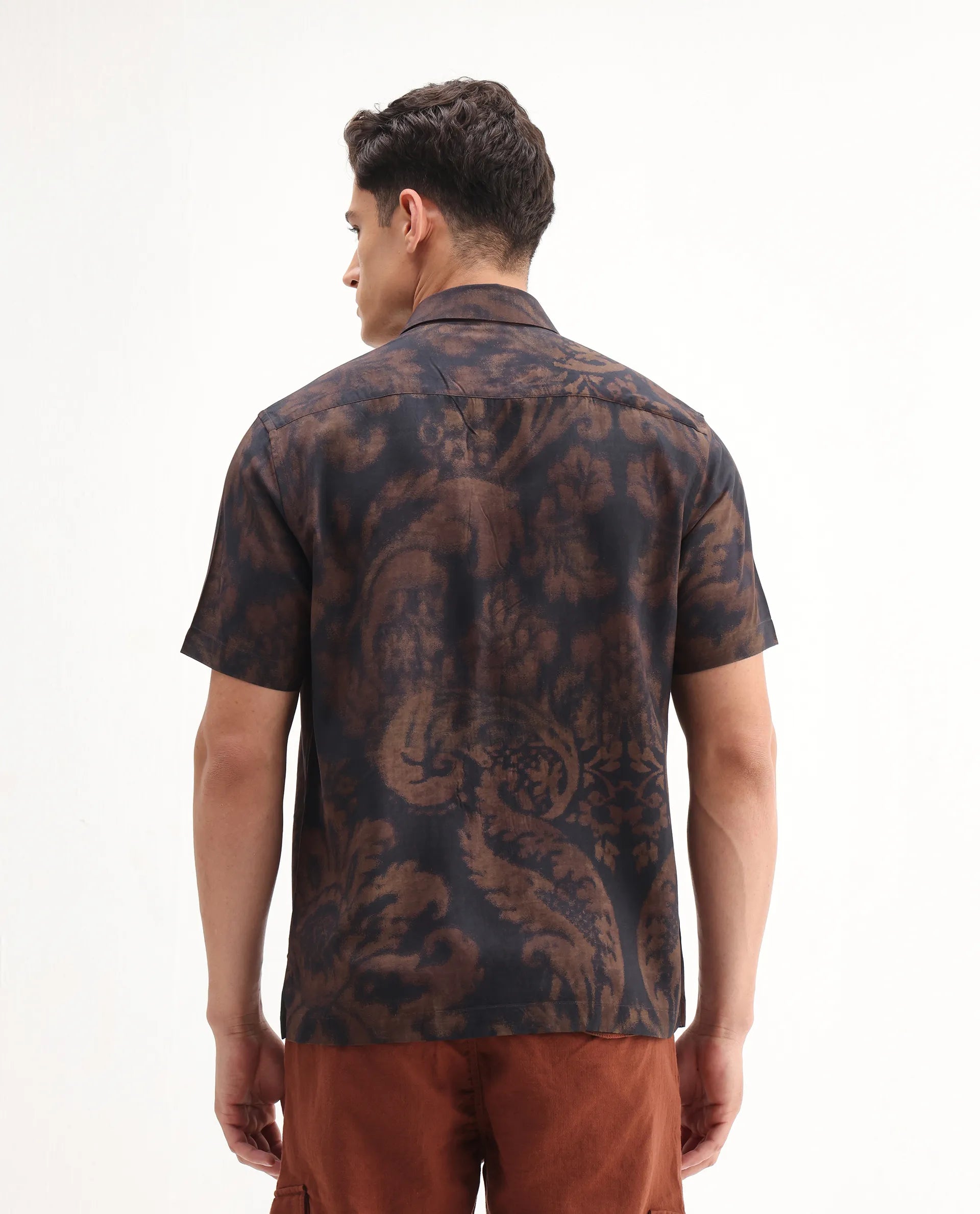 Rare Rabbit Men's Horos Black Linen Blend Floral Print Regular Fit Half Sleeve Collared Shirt