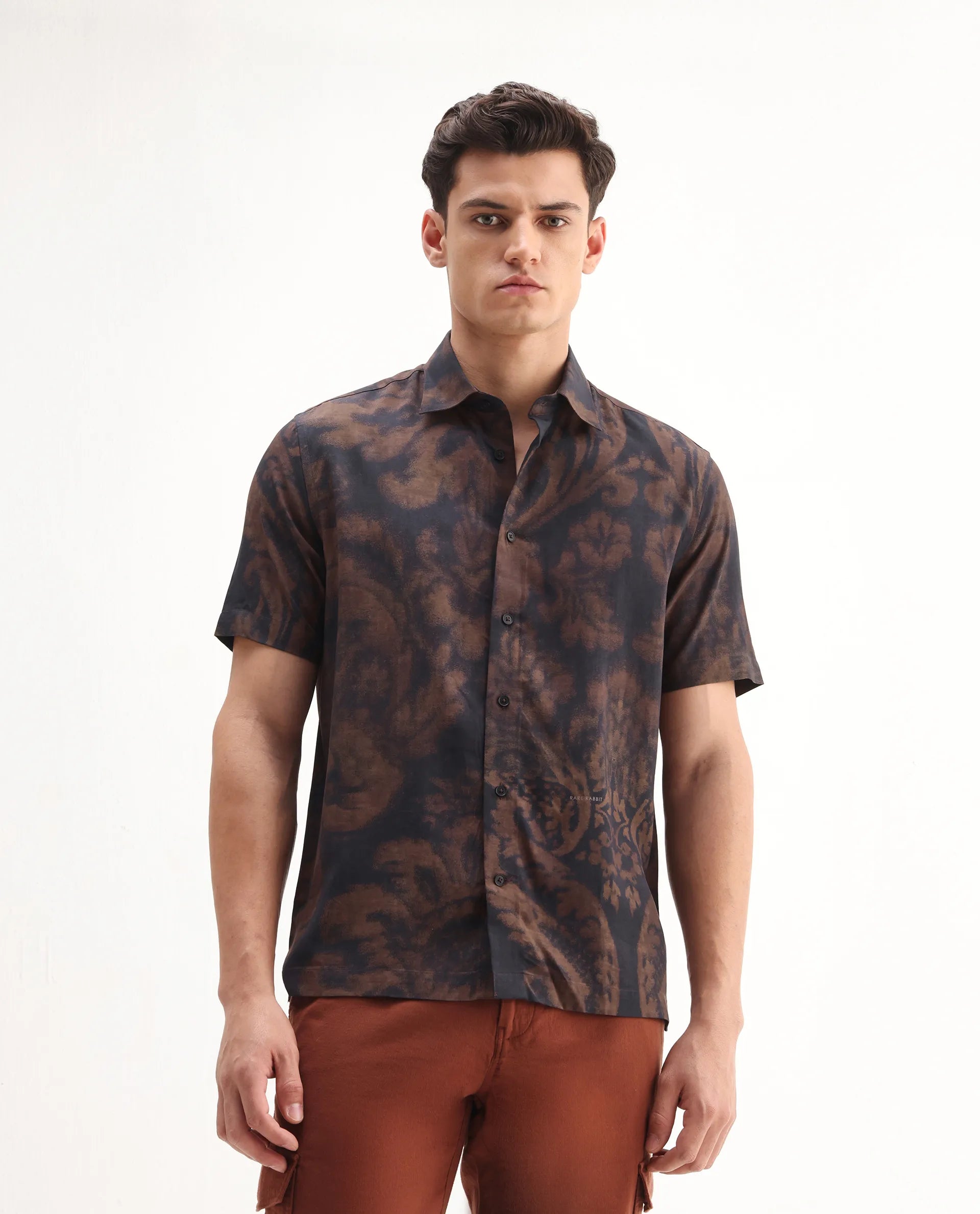 Rare Rabbit Men's Horos Black Linen Blend Floral Print Regular Fit Half Sleeve Collared Shirt