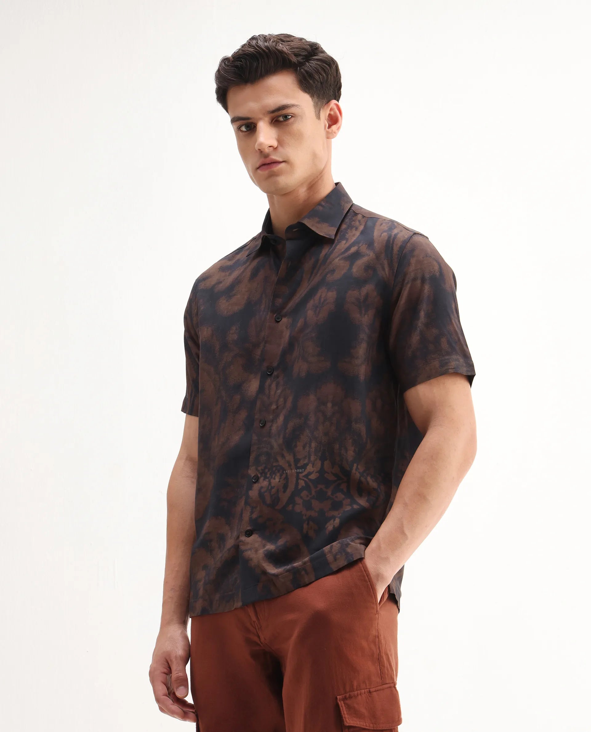 Rare Rabbit Men's Horos Black Linen Blend Floral Print Regular Fit Half Sleeve Collared Shirt