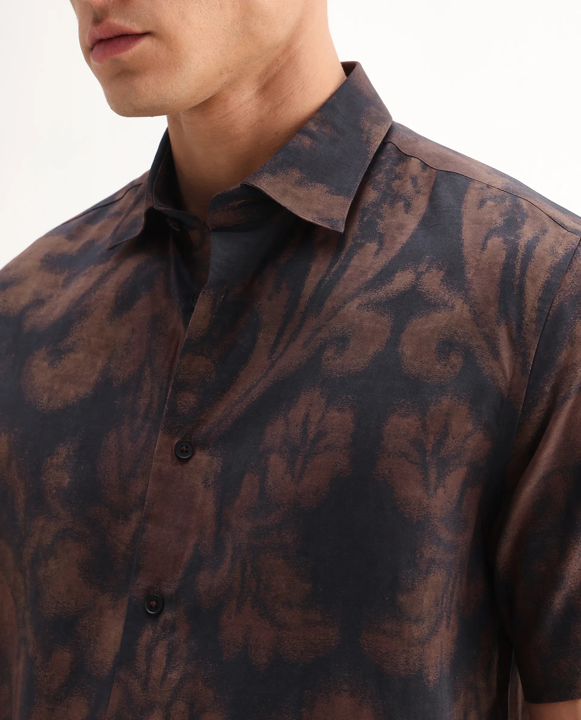 Rare Rabbit Men's Horos Black Linen Blend Floral Print Regular Fit Half Sleeve Collared Shirt