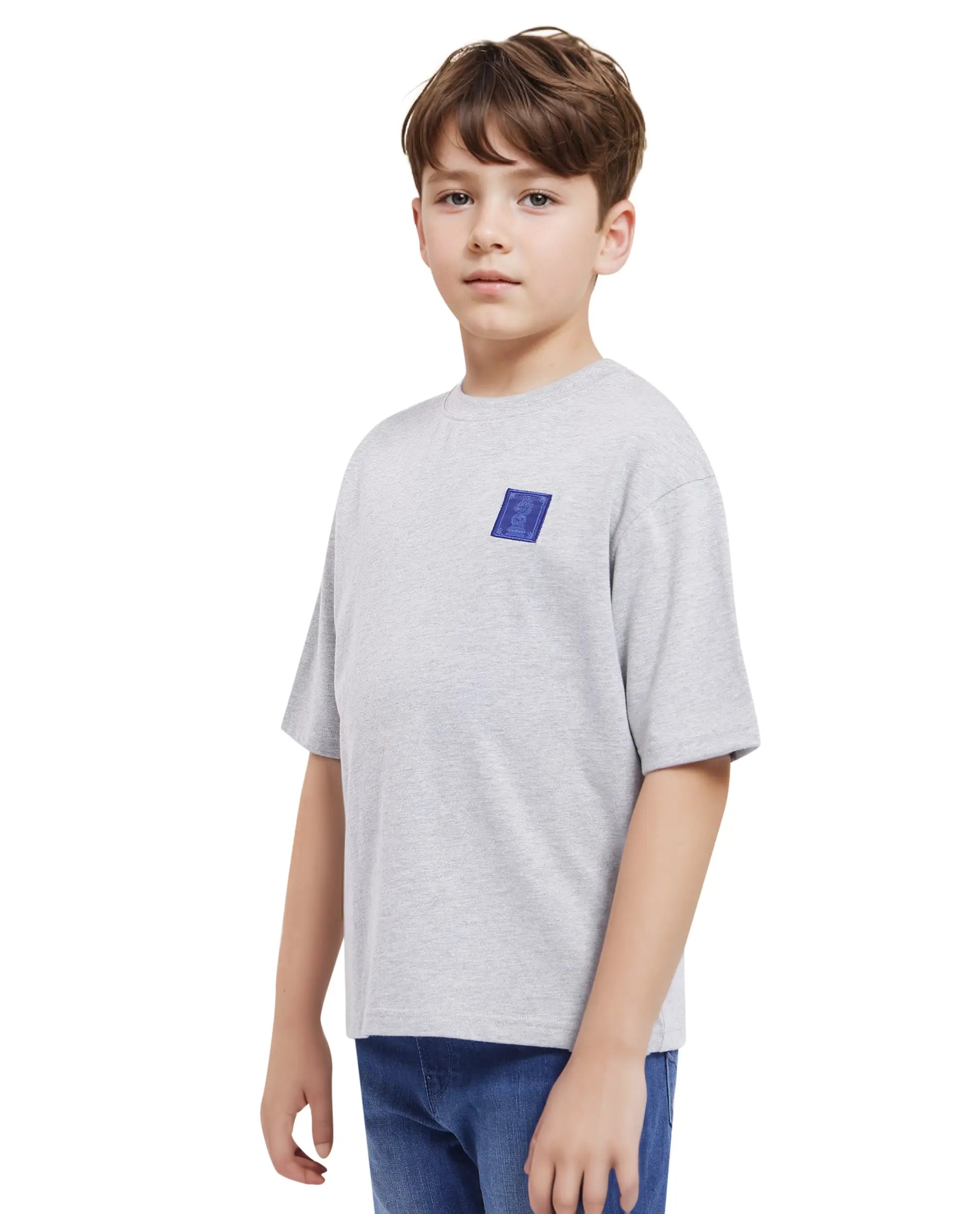 Rare Ones Kids Horse Melange Grey Cotton Half Sleeves Crew Neck Oversized Fit Graphic Back Print T-Shirt