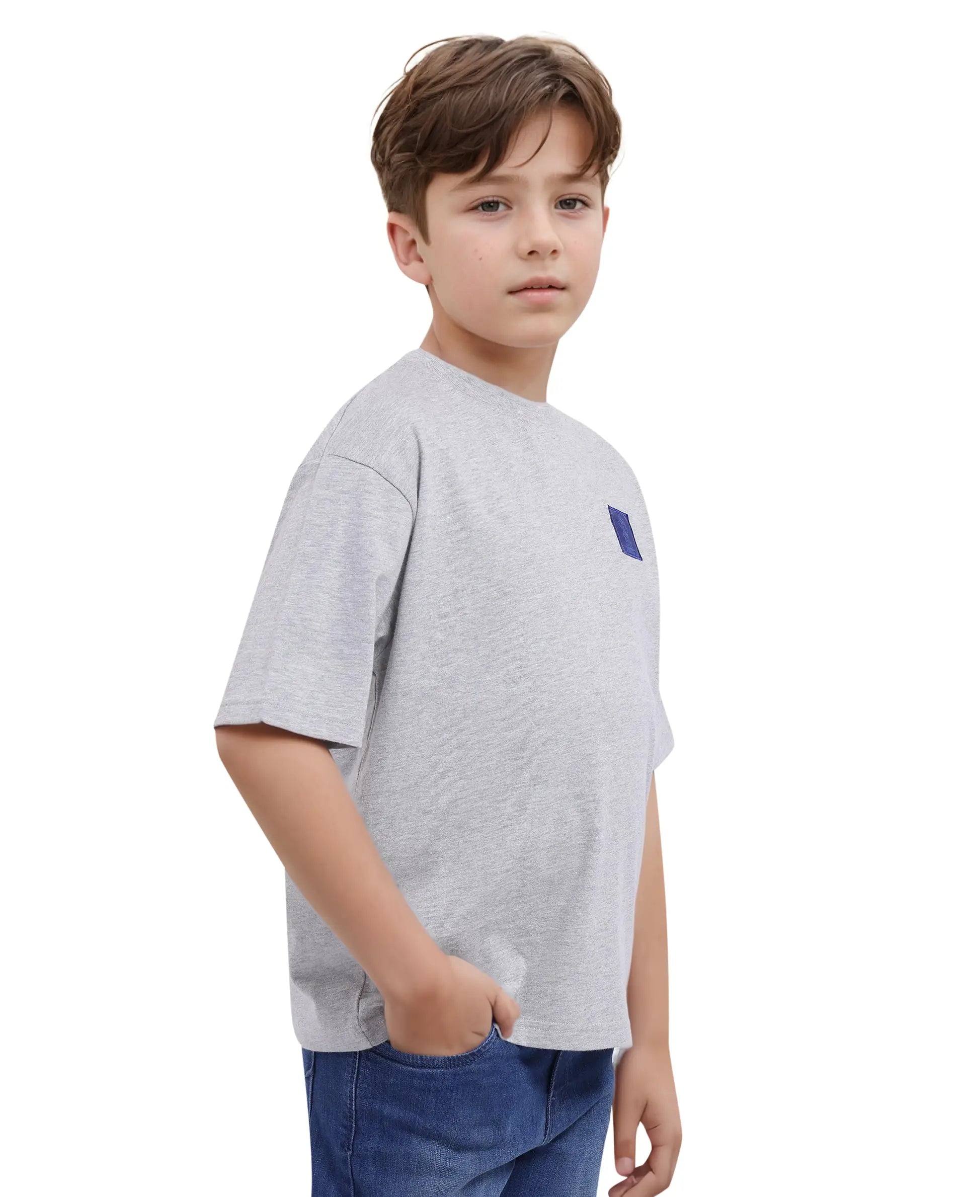 Rare Ones Kids Horse Melange Grey Cotton Half Sleeves Crew Neck Oversized Fit Graphic Back Print T-Shirt