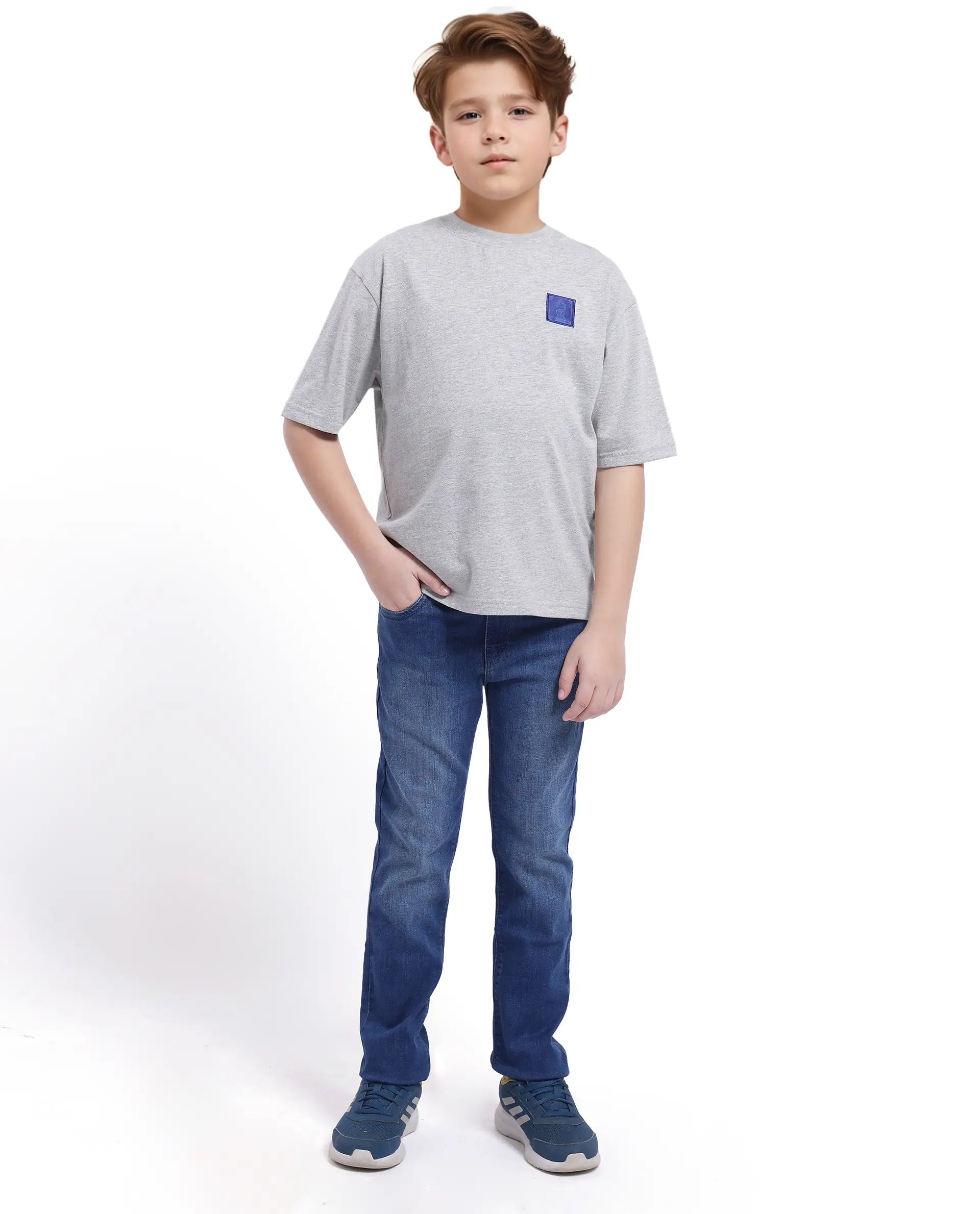 Rare Ones Kids Horse Melange Grey Cotton Half Sleeves Crew Neck Oversized Fit Graphic Back Print T-Shirt