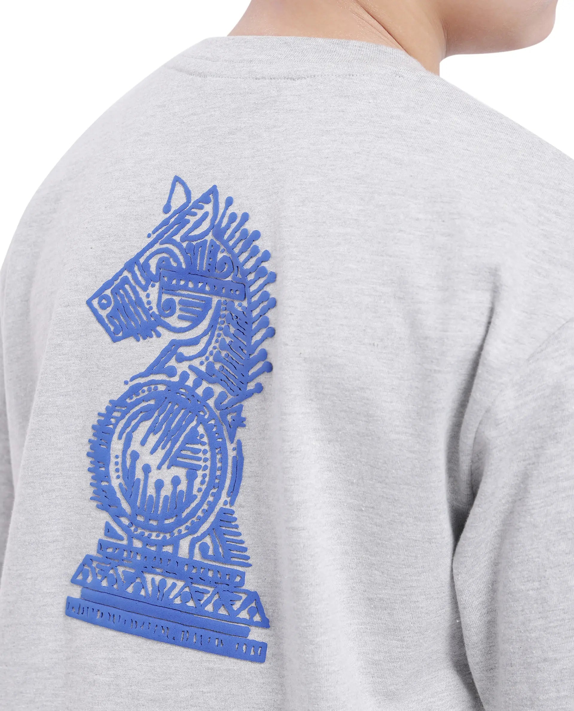 Rare Ones Kids Horse Melange Grey Cotton Half Sleeves Crew Neck Oversized Fit Graphic Back Print T-Shirt