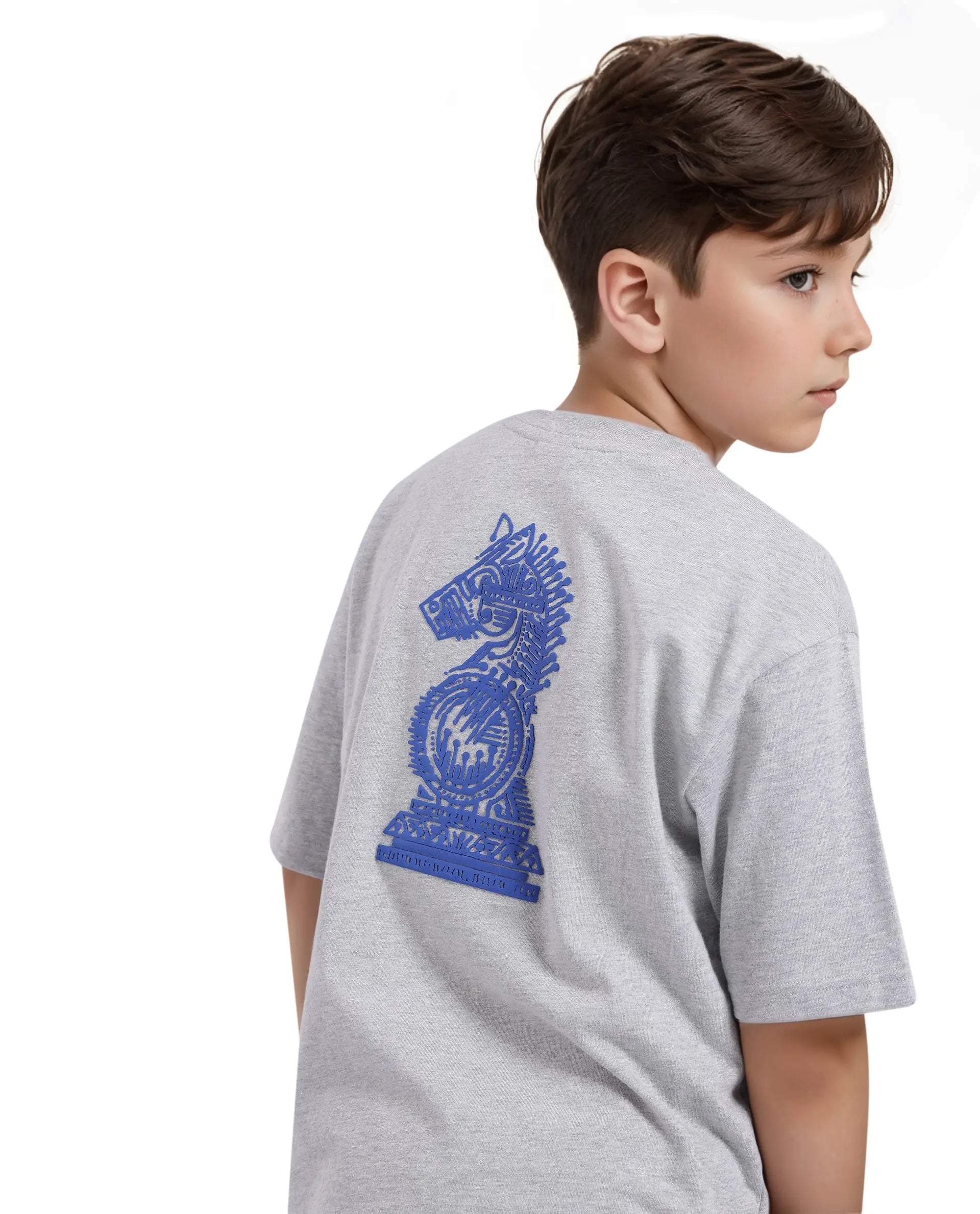 Rare Ones Kids Horse Melange Grey Cotton Half Sleeves Crew Neck Oversized Fit Graphic Back Print T-Shirt