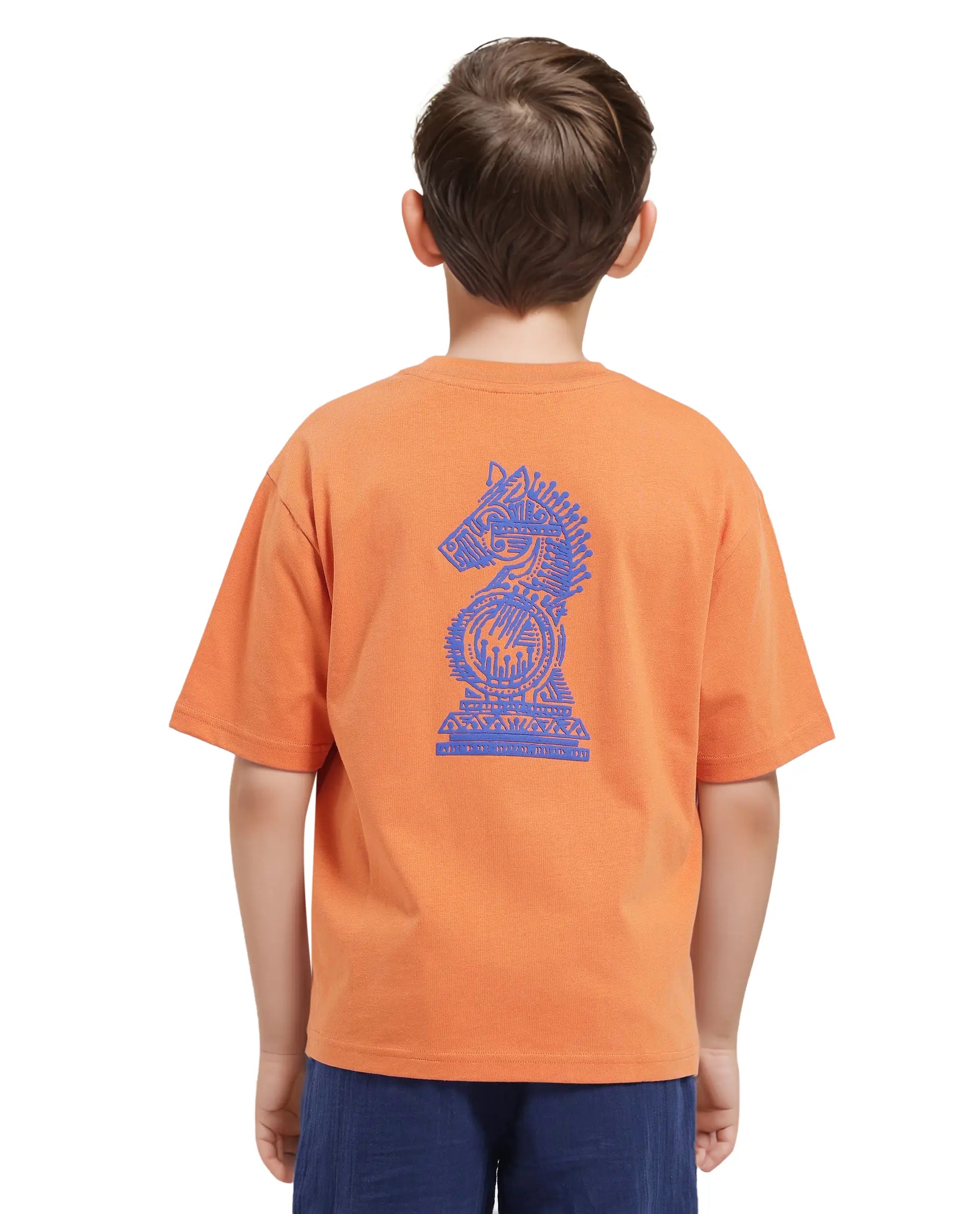 Rare Ones Kids Horse Orange Cotton Half Sleeves Crew Neck Oversized Fit Graphic Back Print T-Shirt