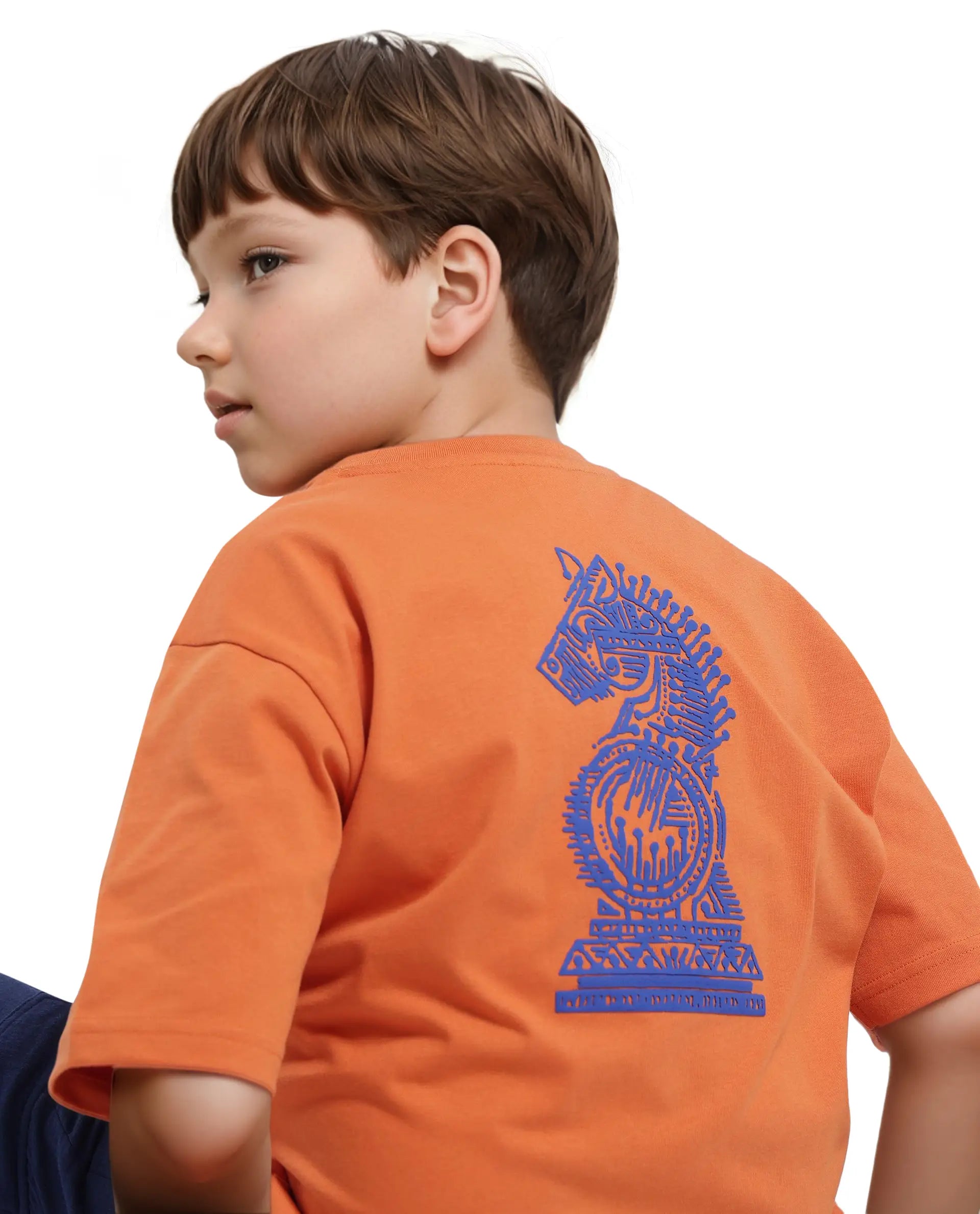 Rare Ones Kids Horse Orange Cotton Half Sleeves Crew Neck Oversized Fit Graphic Back Print T-Shirt