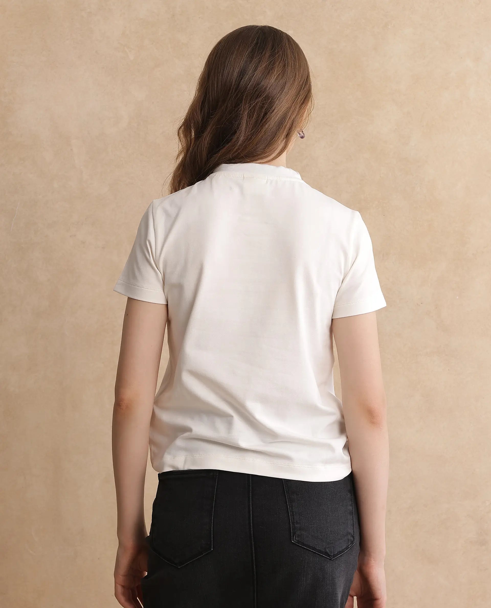 Rareism Women Hosta Off White Cotton Blend Fabric Short Sleeve Crew Neck T-Shirt