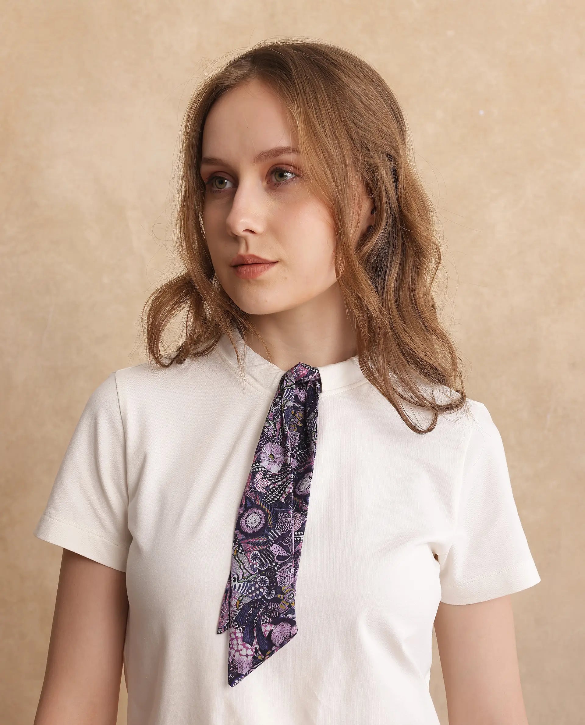 Rareism Women Hosta Off White Cotton Blend Fabric Short Sleeve Crew Neck T-Shirt