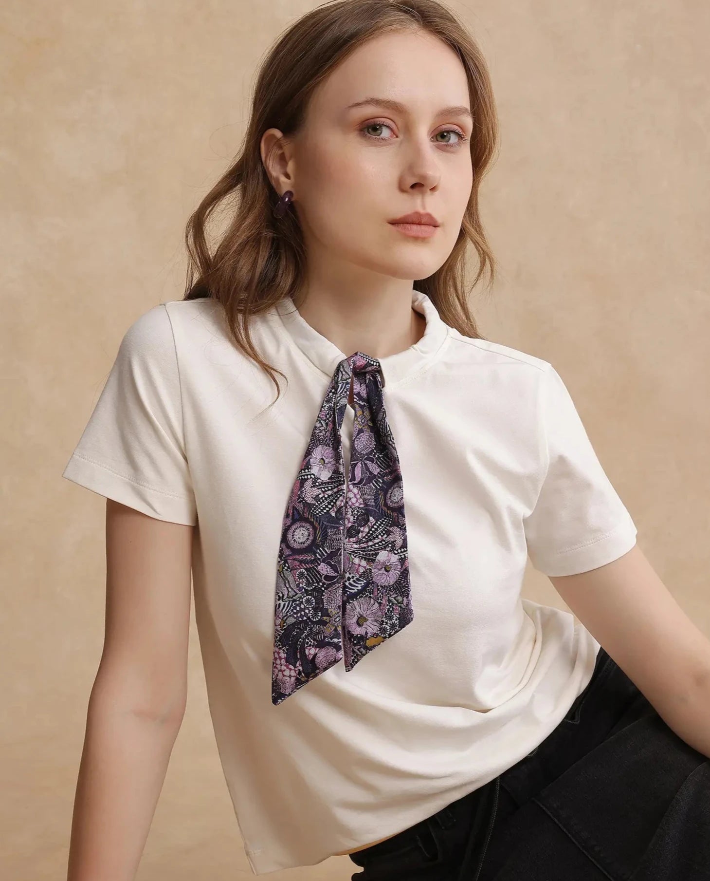 Rareism Women Hosta Off White Cotton Blend Fabric Short Sleeve Crew Neck T-Shirt