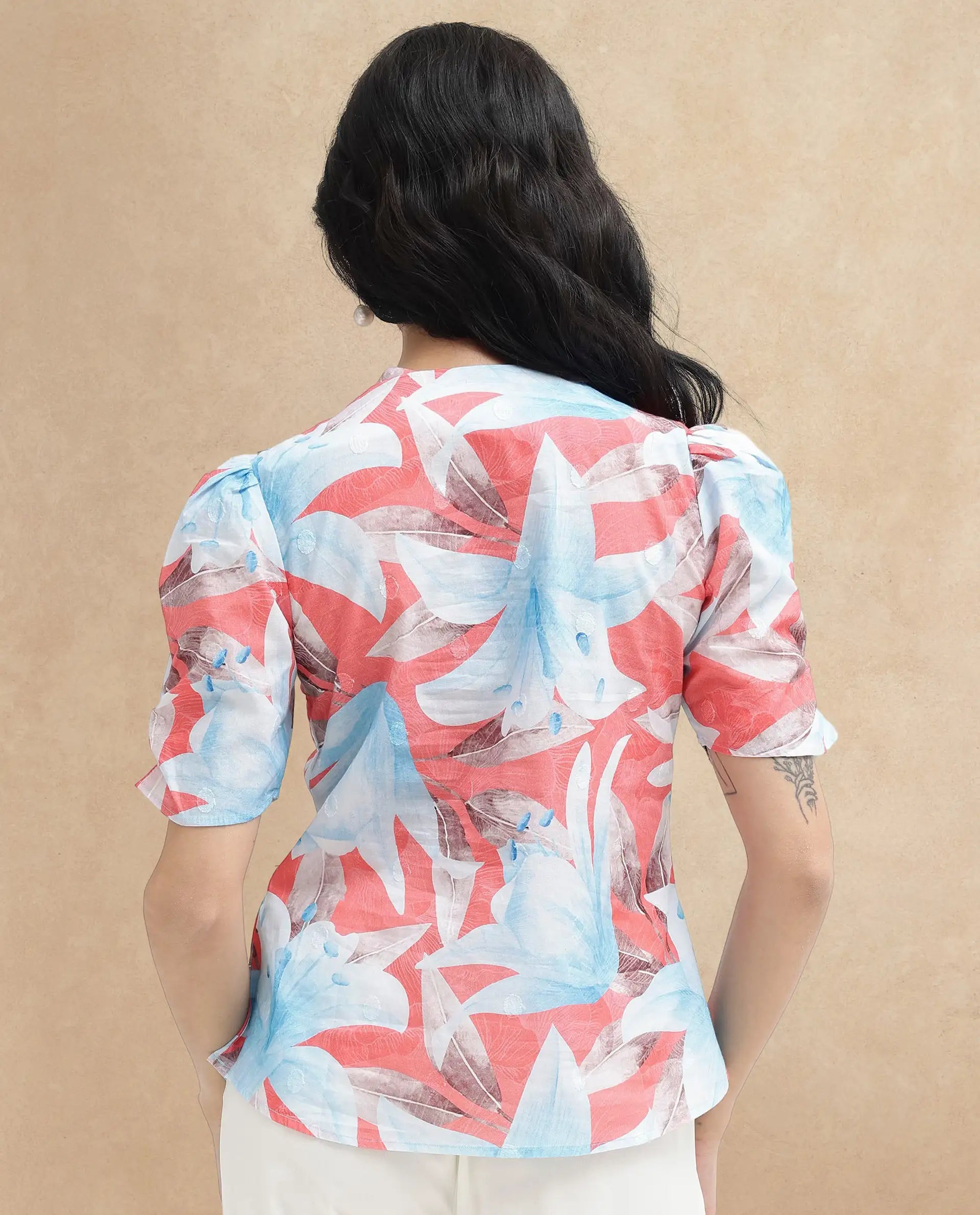 Rareism Women's Housto-T Pink Cotton V-Neck Floral Print Puff Sleeves Regular Fit Top