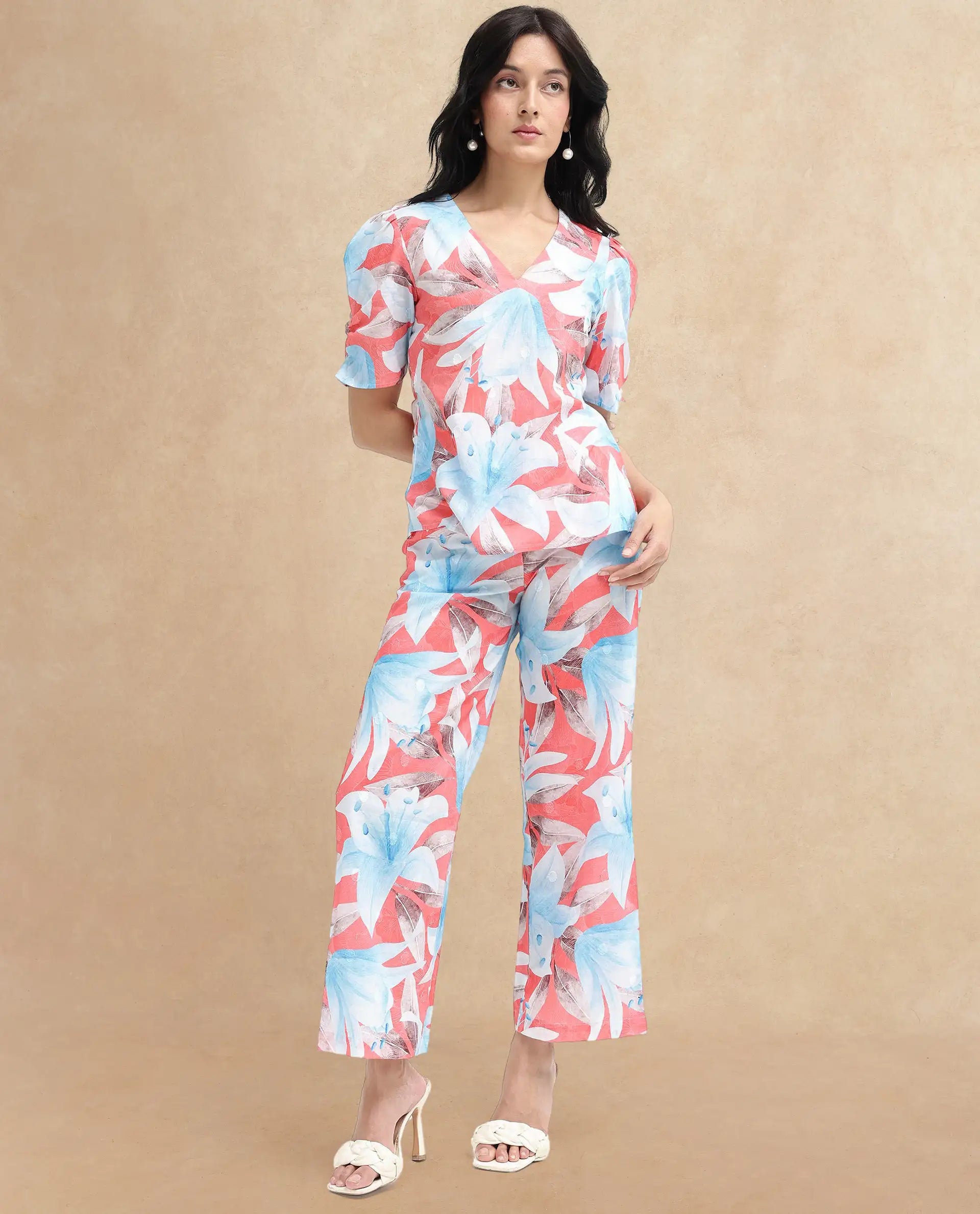 Rareism Women's Housto-T Pink Cotton V-Neck Floral Print Puff Sleeves Regular Fit Top