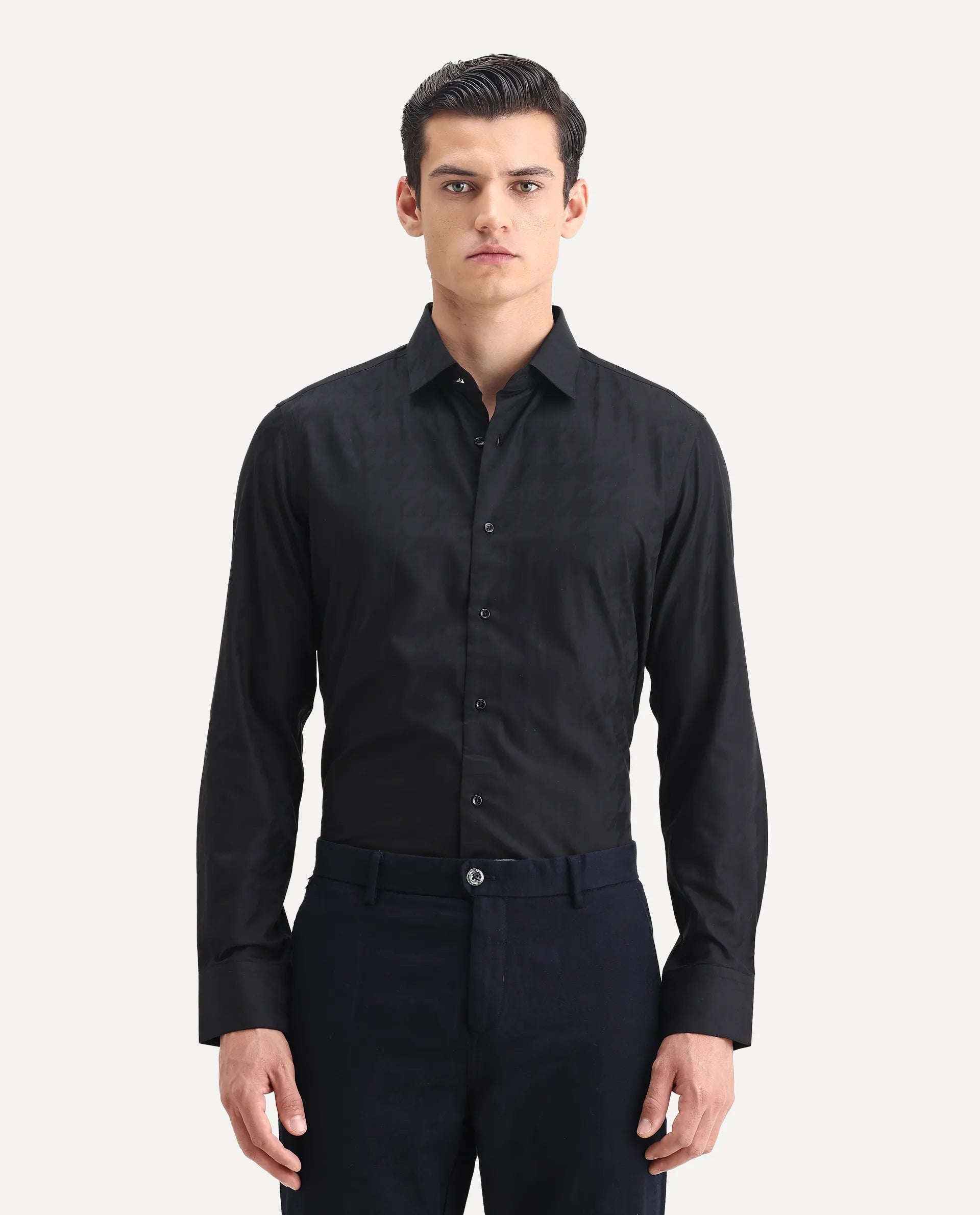 Rare Rabbit Men's Hox Black Cotton Checked Print Regular Fit Full Sleeve Cuban Collar Shirt