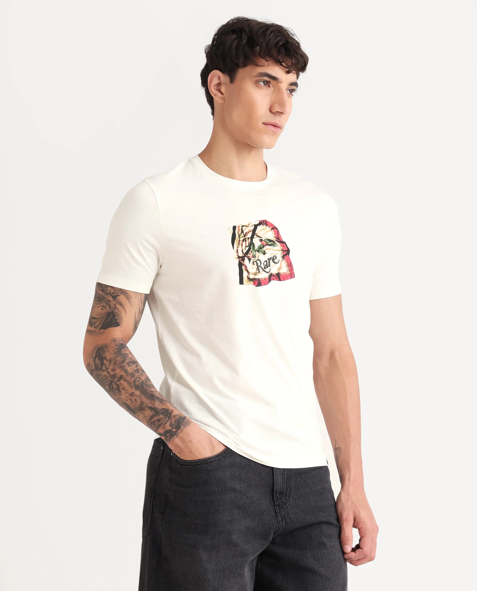 Rare Rabbit Men's Hoz Off White Cotton Blend Fabric Crew Neck Regular Fit Graphic Print T-Shirt