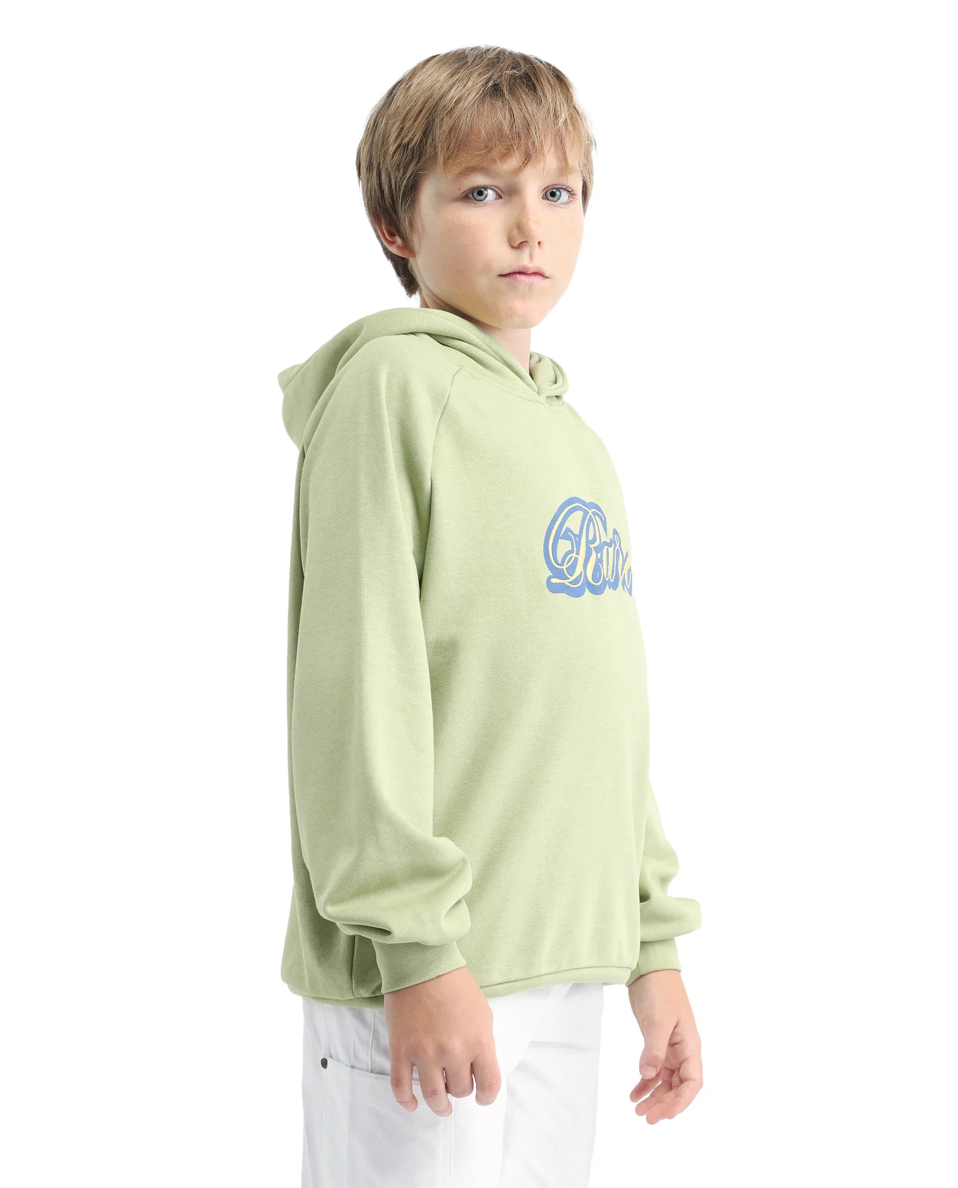 Rare Ones Kids Huck Light Green Cotton Pull On Hooded Neck Full Sleeves Fit Sweatshirt