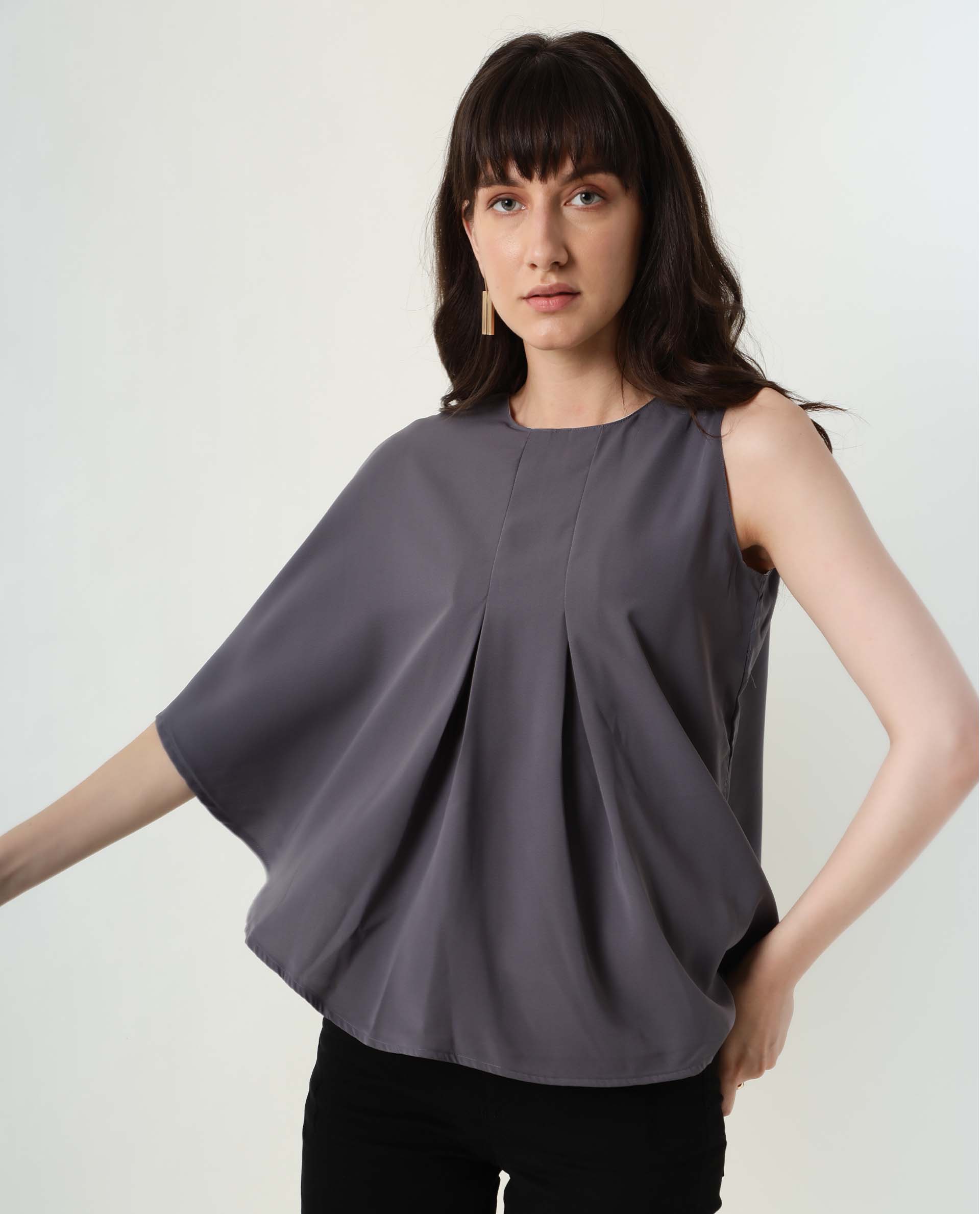 Rareism Womens Hudy Grey Top Polyester Fabric Relaxed Fit Flared Sleeve Round Neck