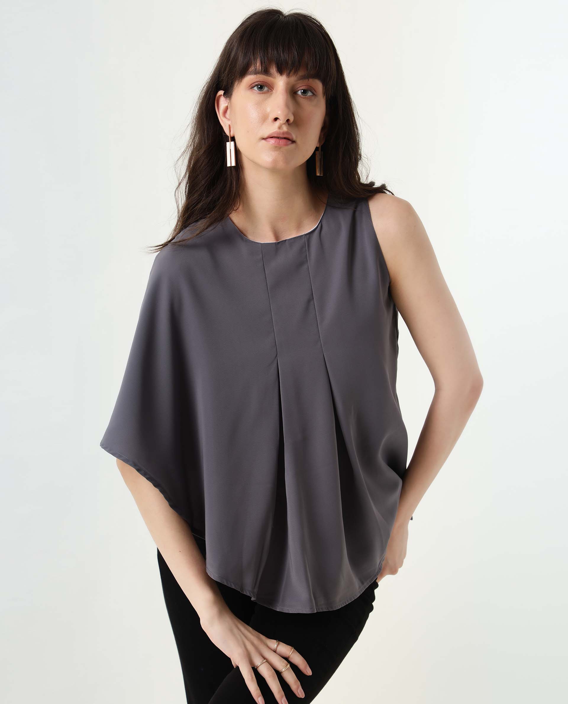 Rareism Womens Hudy Grey Top Polyester Fabric Relaxed Fit Flared Sleeve Round Neck