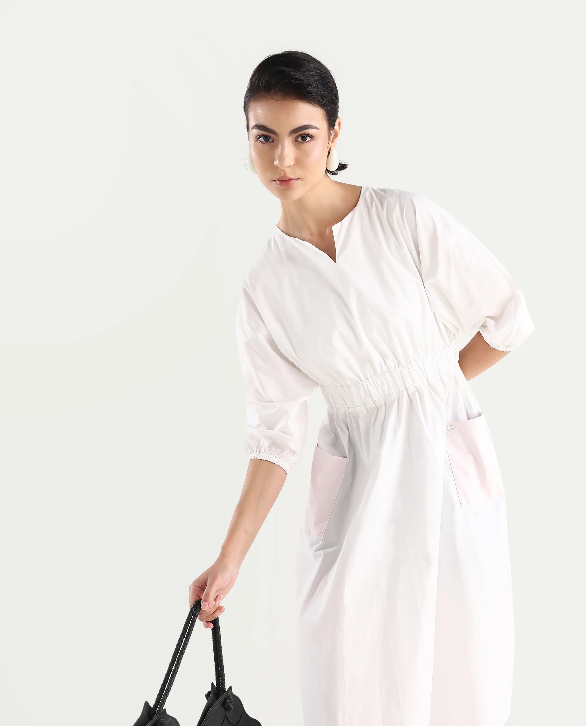 Rareism Women's Huibv White Cotton Blend Crew Neck Plain Bishop Sleeve Knee Length Fit And Flare Dress