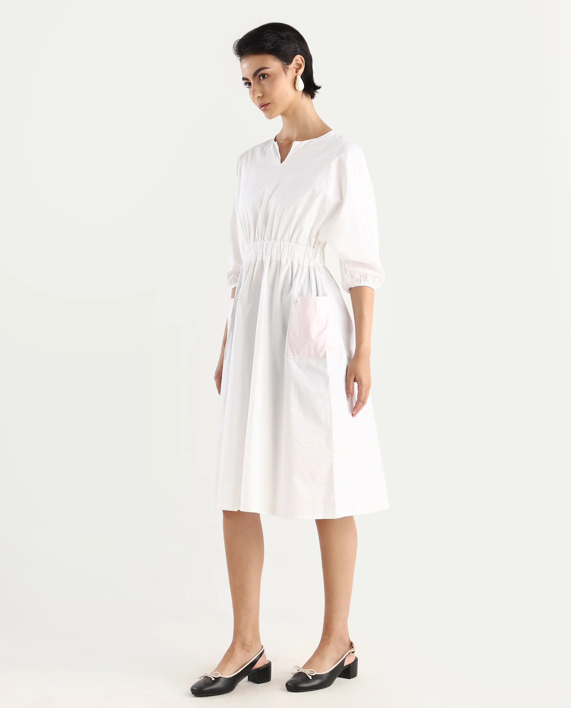 Rareism Women's Huibv White Cotton Blend Crew Neck Plain Bishop Sleeve Knee Length Fit And Flare Dress