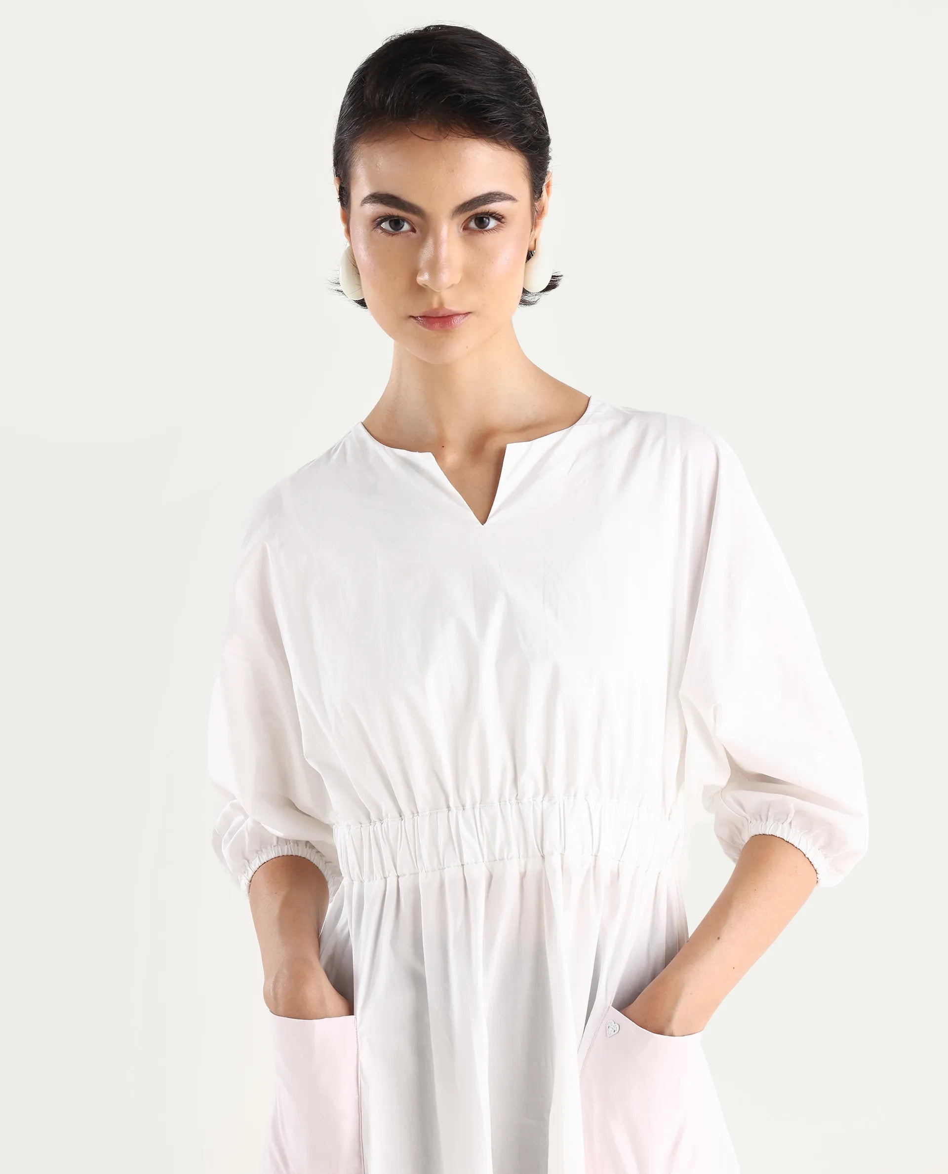 Rareism Women's Huibv White Cotton Blend Crew Neck Plain Bishop Sleeve Knee Length Fit And Flare Dress