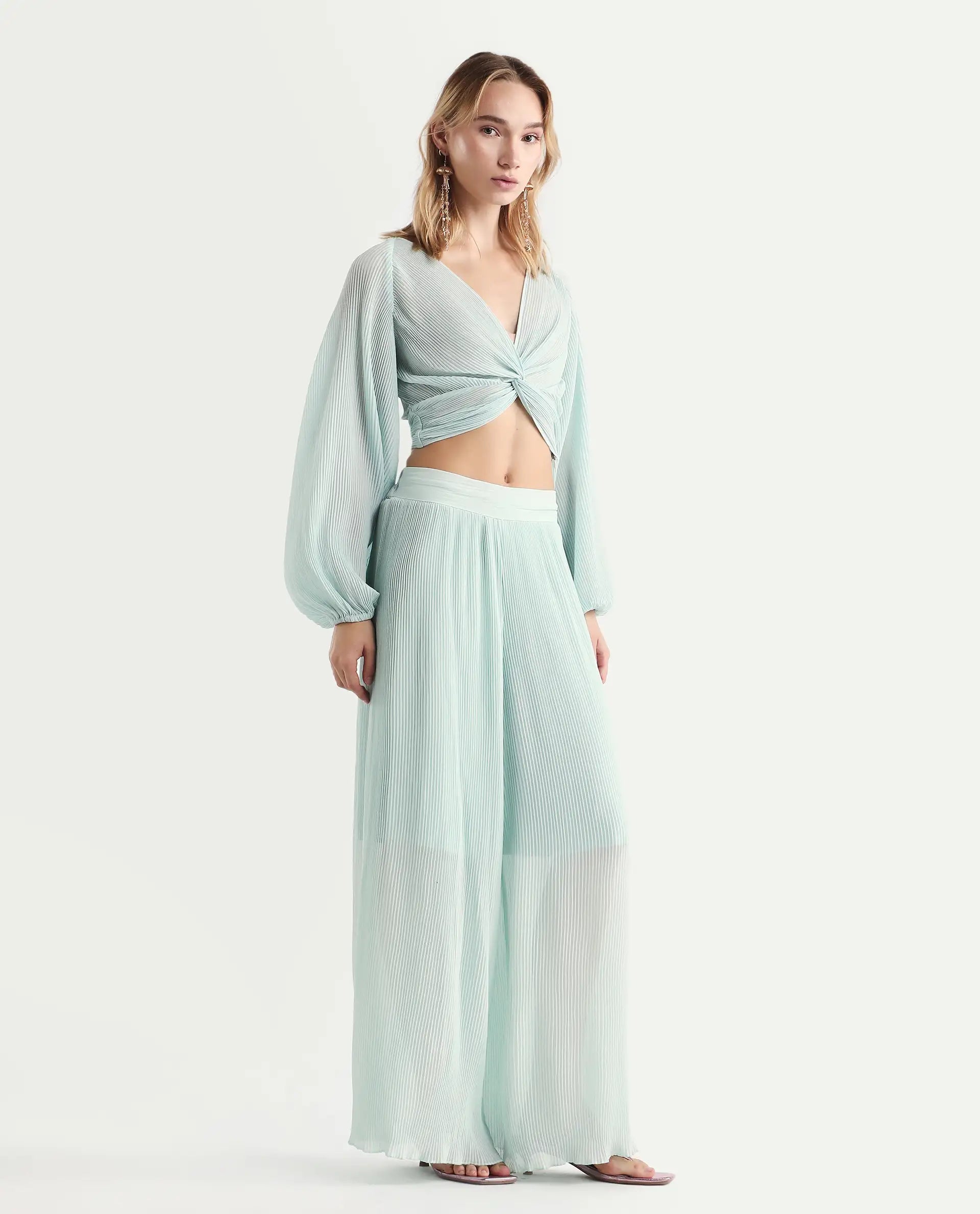 Rareism Women's Humphre-B Pastel Green Polyester Plain Ankle Length Flared Trouser